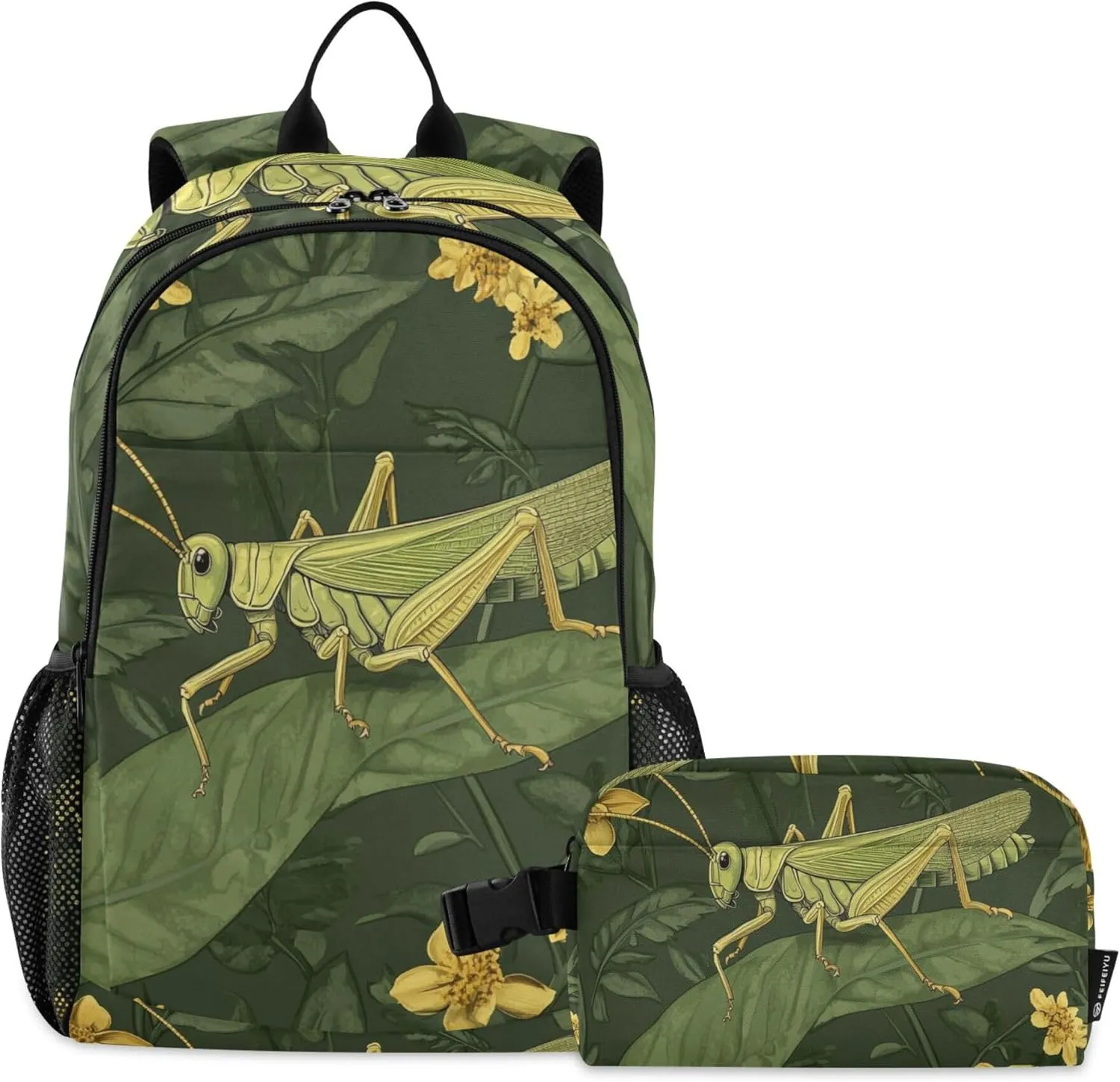 Green Cute Grasshopper Backpack with Lunch Bag, Travel School Backpack for Boys Girls Kids Backpacks Set