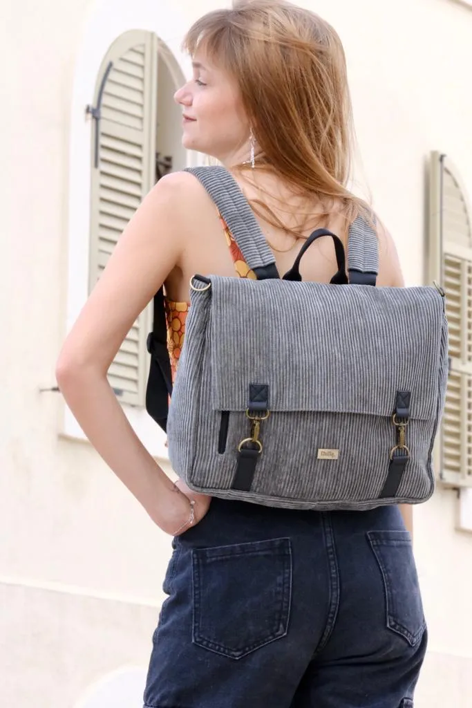 Green-Gray Corduroy Large 'Jaffa' Backpack/Side Bag