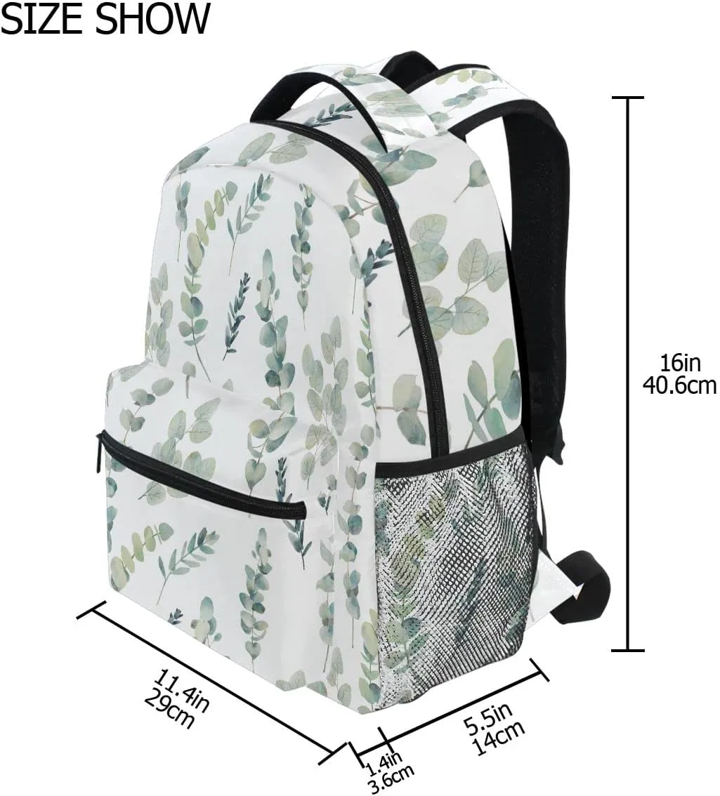 Green Sage School Backpack for Kids Boy Girls Eucalyptus Leaf School Bag Daypack Spring Floral Laptop Bookbags Camping Travel Outdoor Shoulder Bag One Size