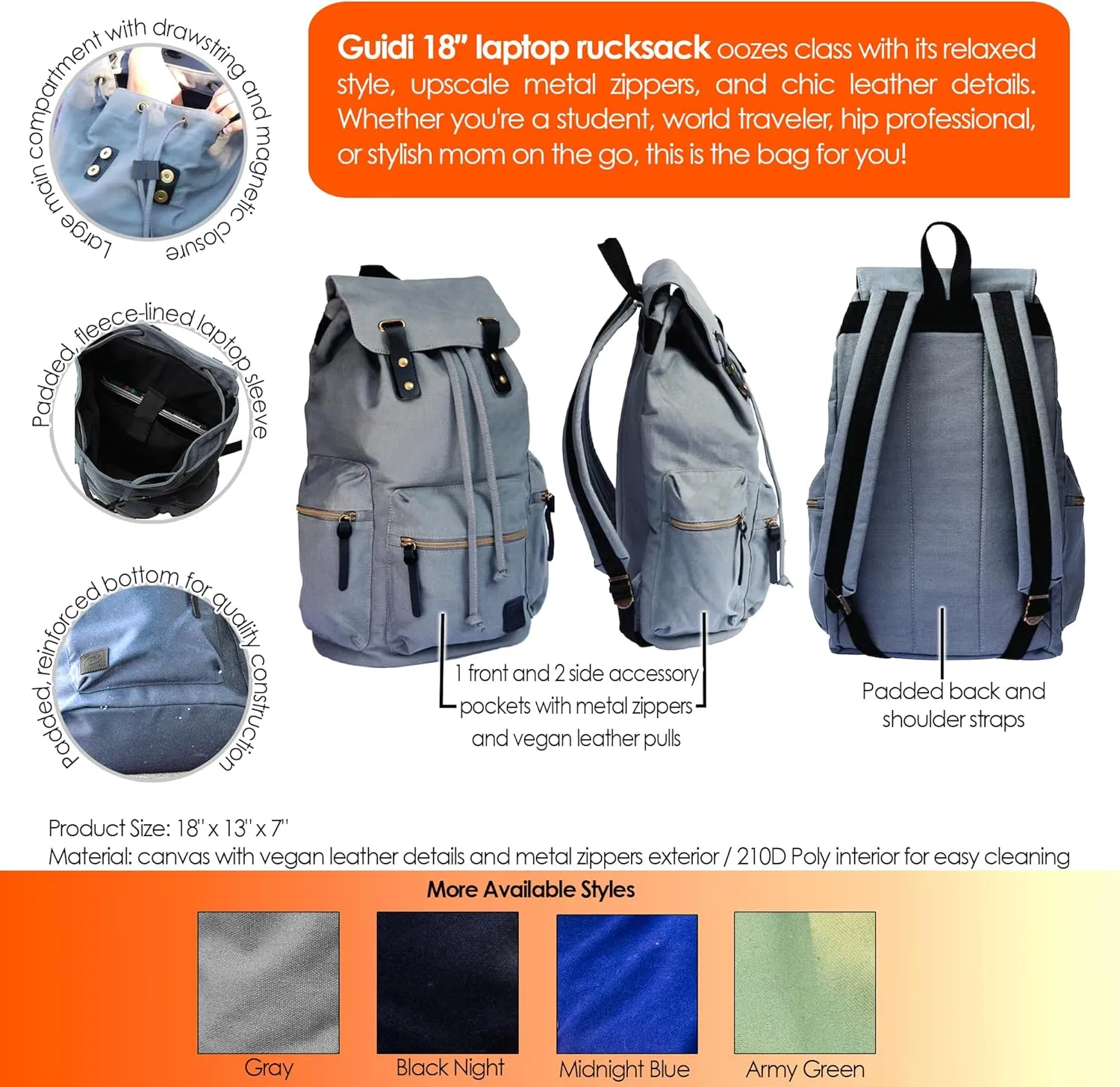 GUIDI 18" Rucksack Green Backpack, BAZIC x SYDNEY Fashion Backpack Shoulder Bag Casual Travel Bag Hiking Daypack