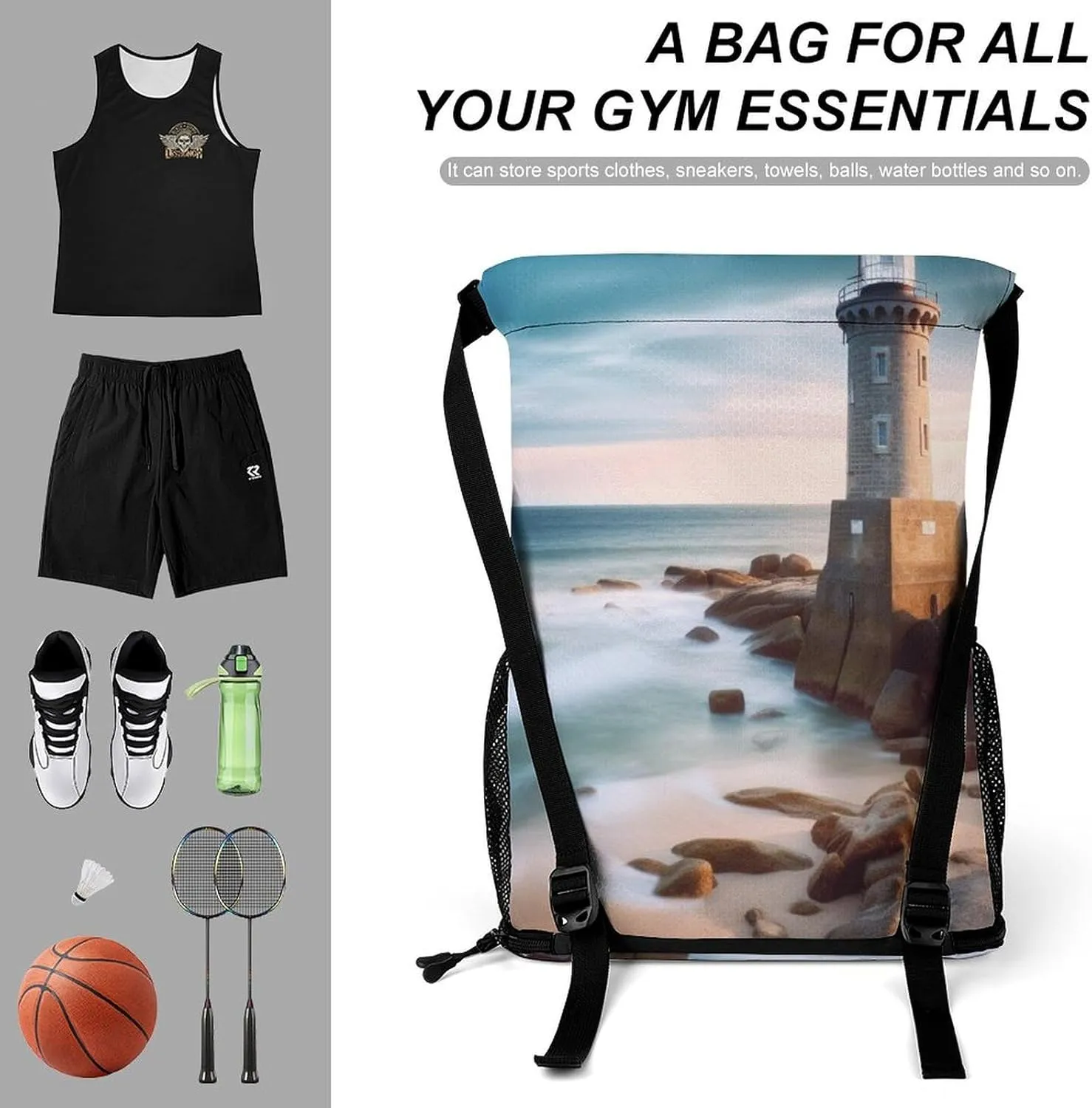 Gym Bag for Women Men Beach LighthouseTravel Duffel Bag Large Capacity Sports Drawstring Backpack