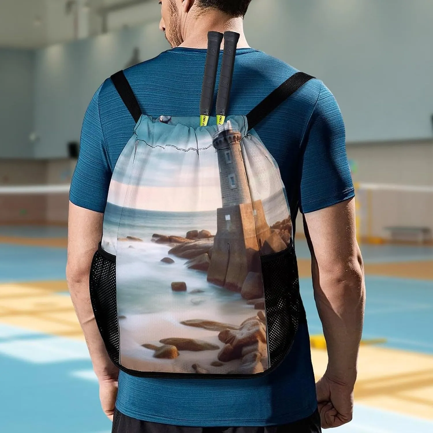 Gym Bag for Women Men Beach LighthouseTravel Duffel Bag Large Capacity Sports Drawstring Backpack