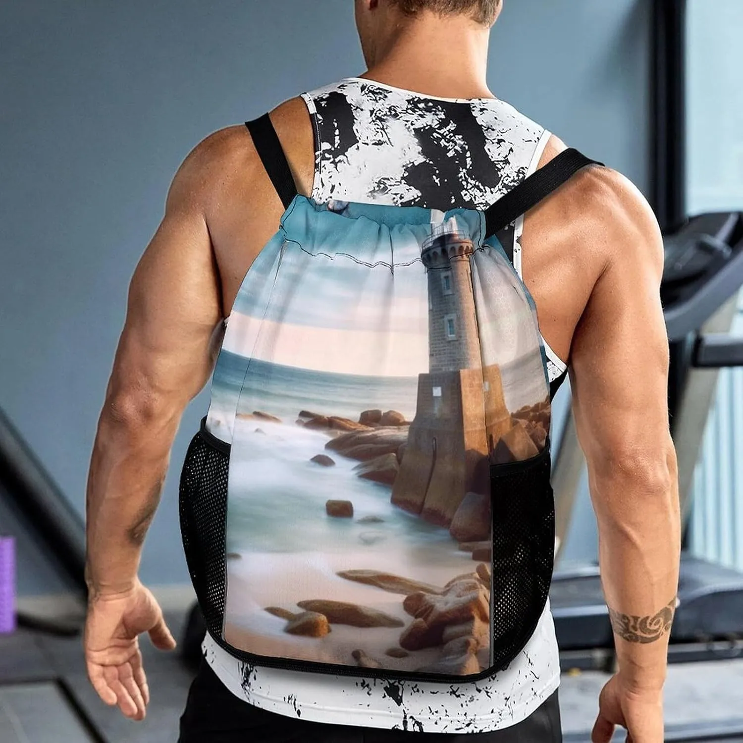 Gym Bag for Women Men Beach LighthouseTravel Duffel Bag Large Capacity Sports Drawstring Backpack