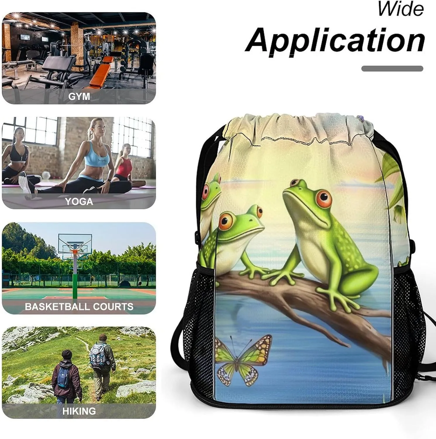 Gym Bag for Women Men Many Frogs Sing on The Branches Summer Butterflies Lake WaterTravel Duffel Bag Large Capacity Sports Drawstring Backpack, 45.5x41.5x36cm, JJ0529240