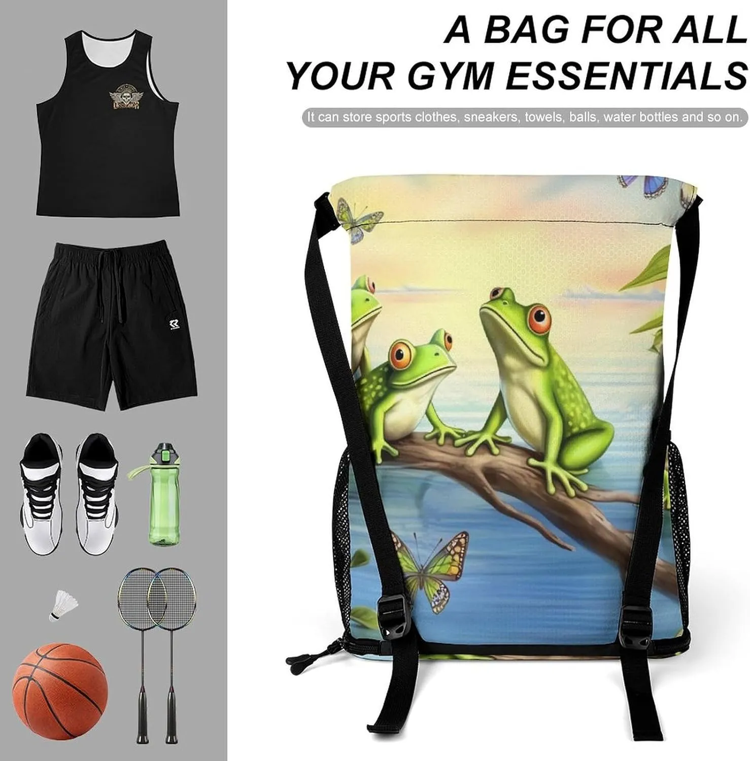 Gym Bag for Women Men Many Frogs Sing on The Branches Summer Butterflies Lake WaterTravel Duffel Bag Large Capacity Sports Drawstring Backpack, 45.5x41.5x36cm, JJ0529240