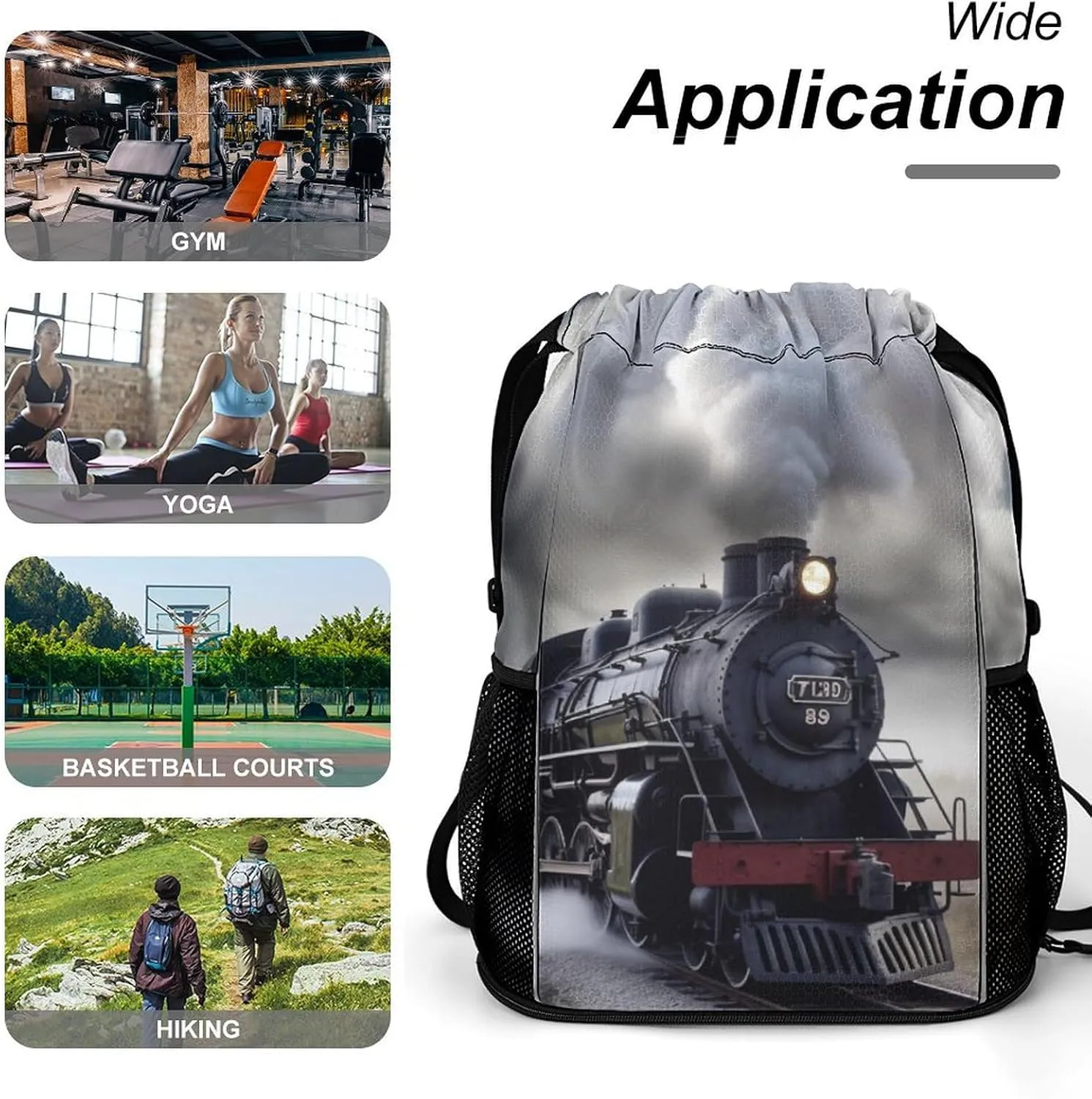 Gym Bag for Women Men Steam Train CloudsTravel Duffel Bag Large Capacity Sports Drawstring Backpack