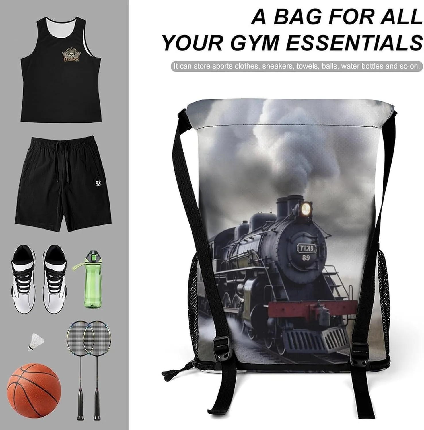 Gym Bag for Women Men Steam Train CloudsTravel Duffel Bag Large Capacity Sports Drawstring Backpack