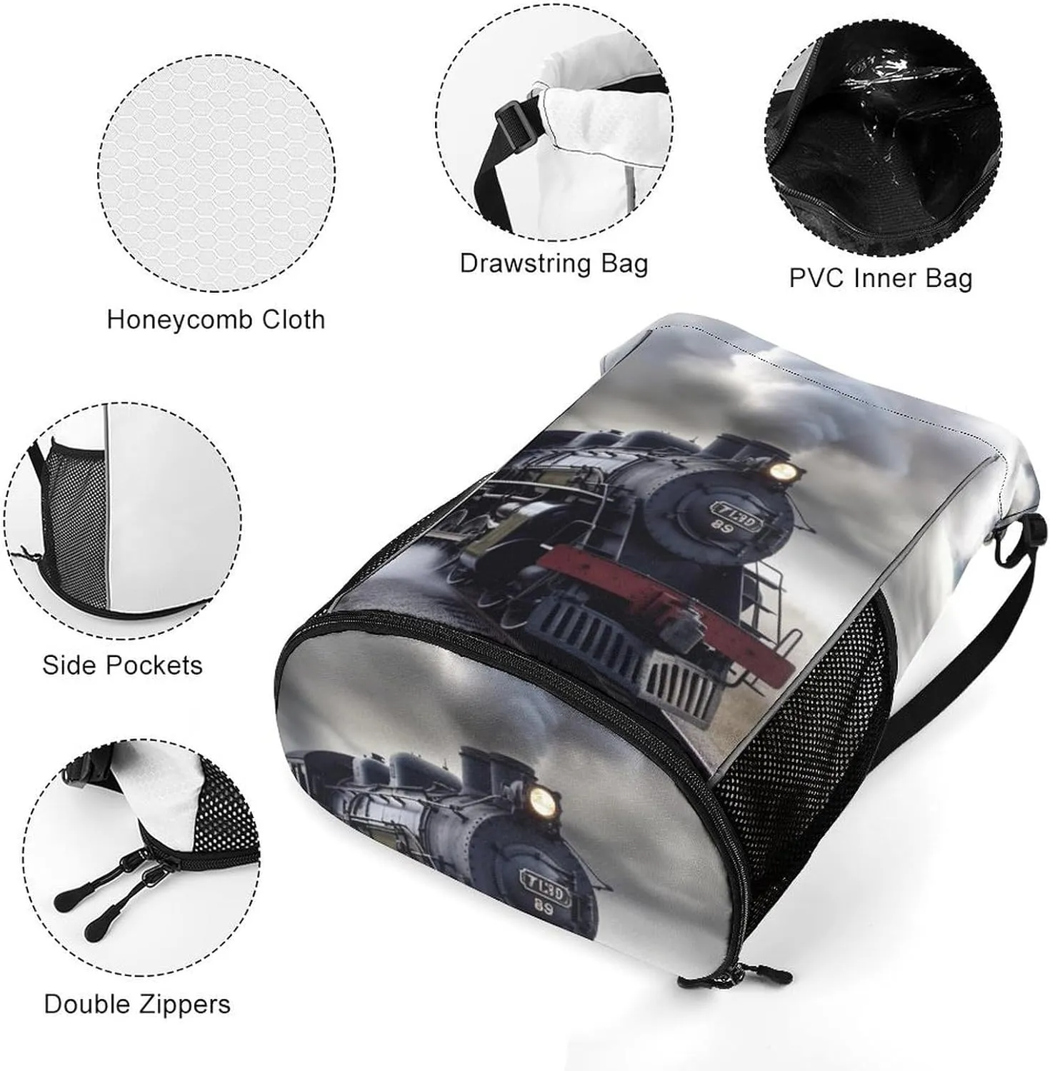 Gym Bag for Women Men Steam Train CloudsTravel Duffel Bag Large Capacity Sports Drawstring Backpack