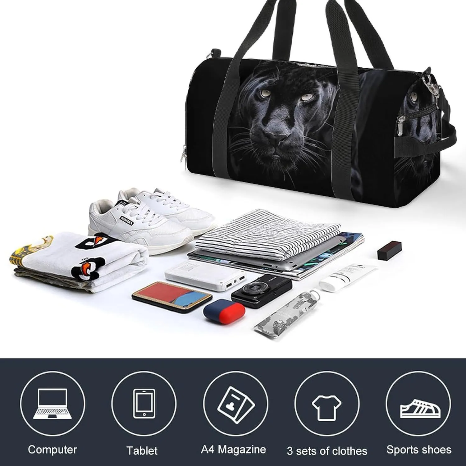 Gym Bags for Men Women Animal Panther Duffle Bag Travel Overnight Bag with Shoe Compartment Tote Bags