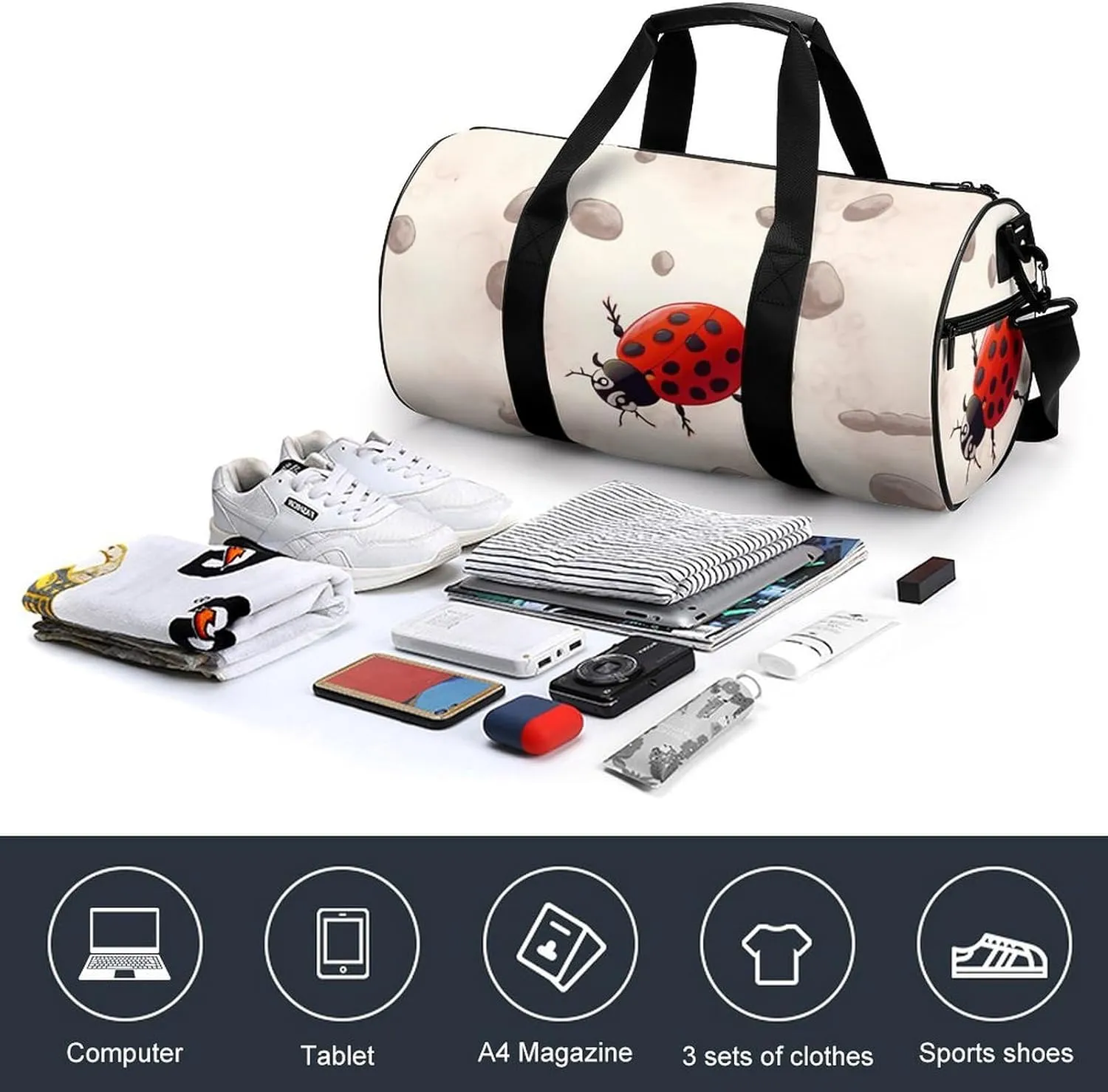 Gym Bags for Men Women Art Ladybug Tracks Duffle Bag Travel Overnight Bag with Shoe Compartment Tote Bags
