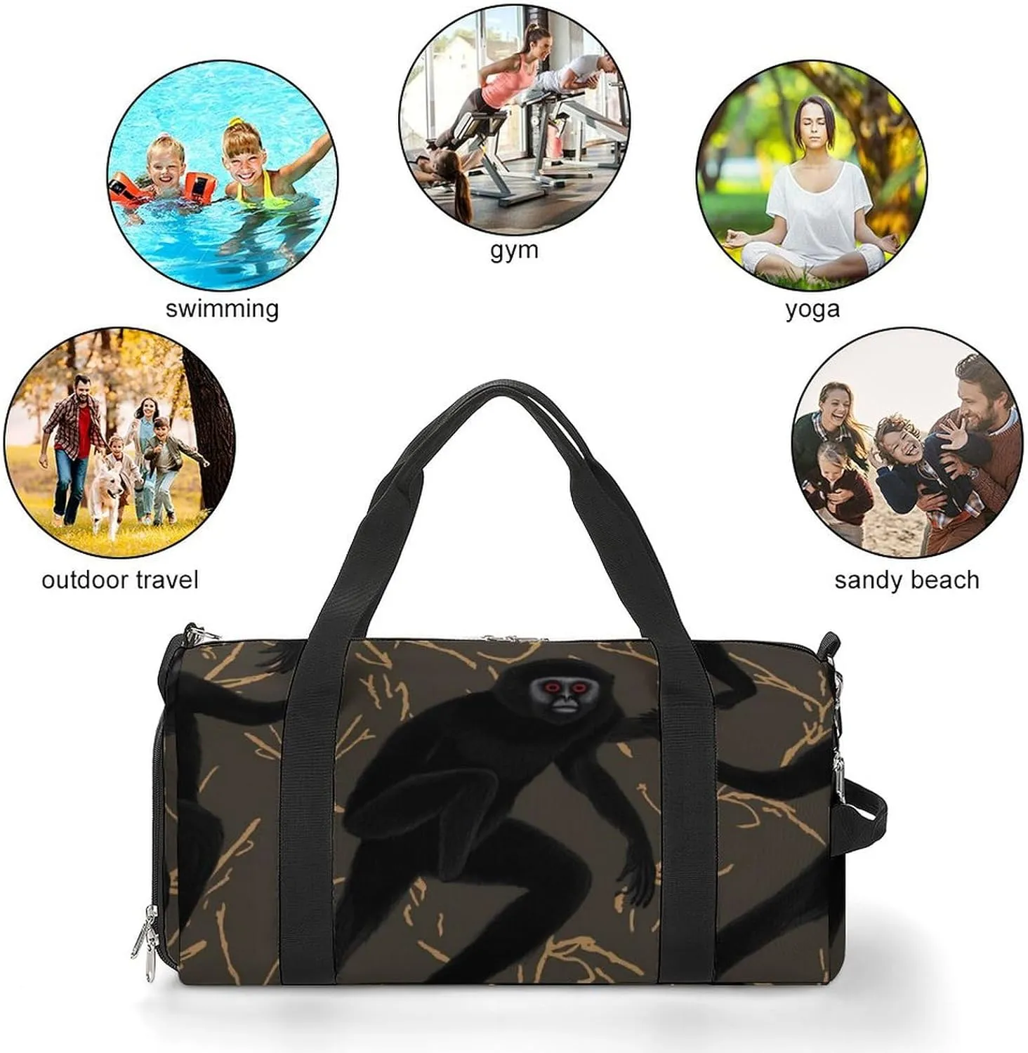 Gym Bags for Men Women Black Gibbon Monkey Duffle Bag Travel Overnight Bag with Shoe Compartment Tote Bags