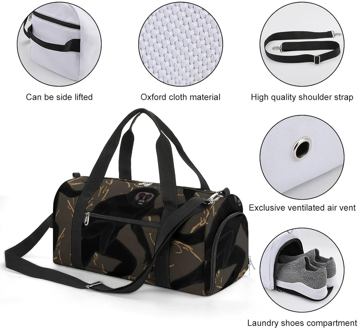 Gym Bags for Men Women Black Gibbon Monkey Duffle Bag Travel Overnight Bag with Shoe Compartment Tote Bags