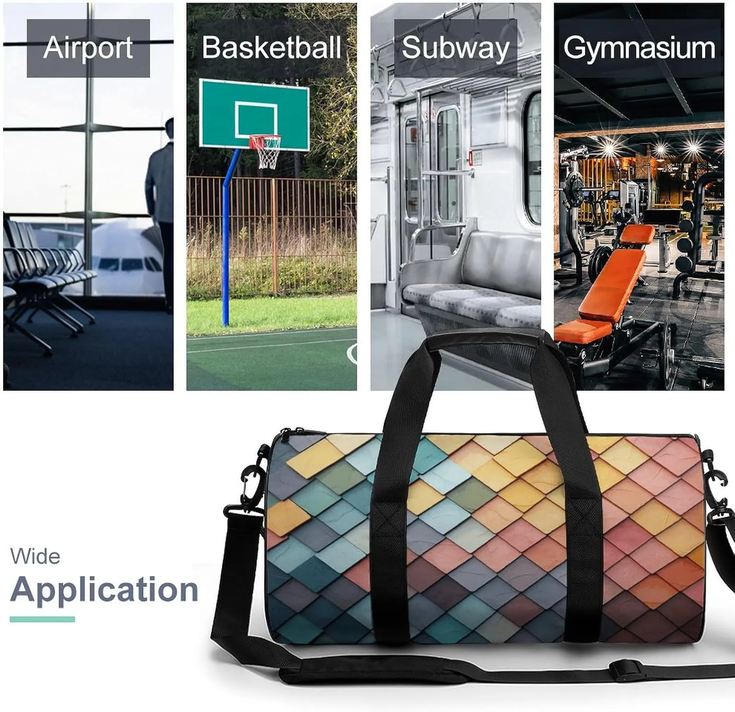 Gym Bags for Men Women Colorful Tiles Texture Pattern Duffle Bag Travel Overnight Bag with Shoe Compartment Tote Bags