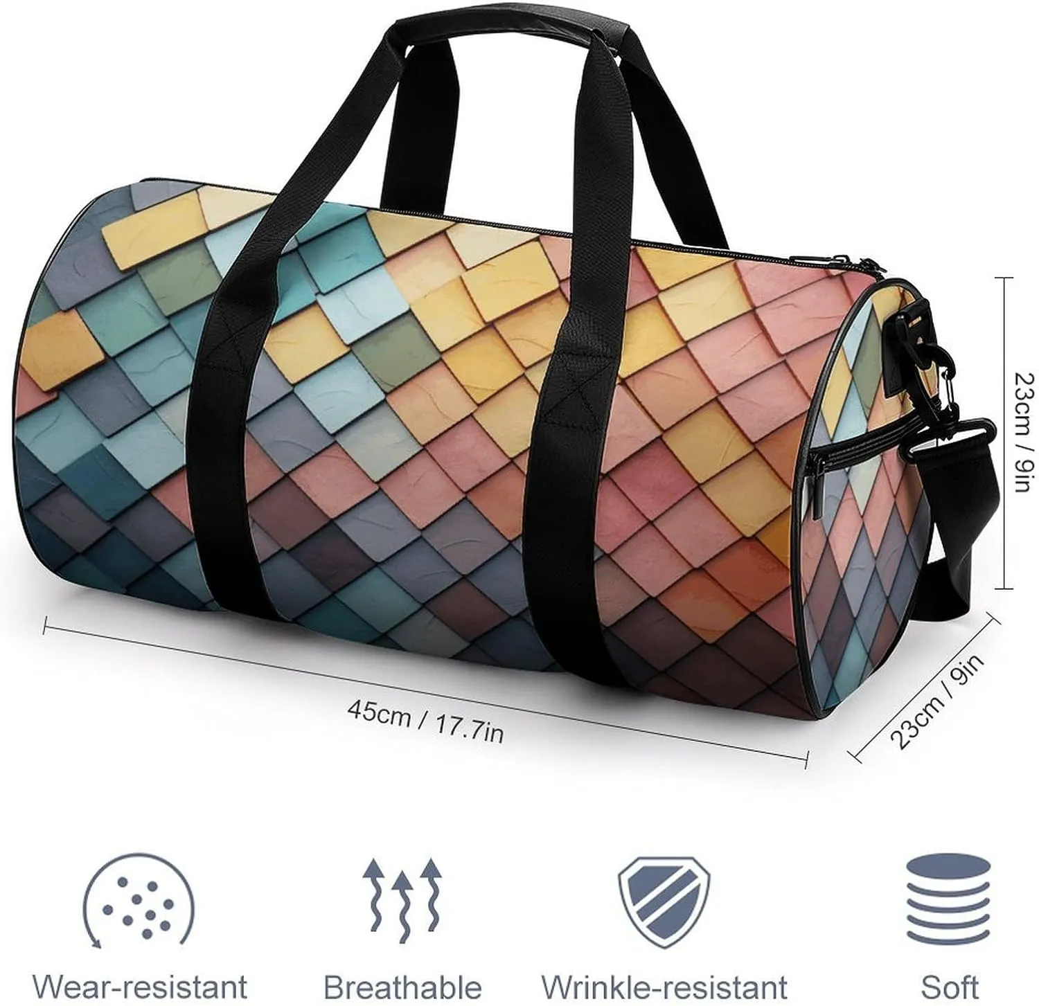 Gym Bags for Men Women Colorful Tiles Texture Pattern Duffle Bag Travel Overnight Bag with Shoe Compartment Tote Bags