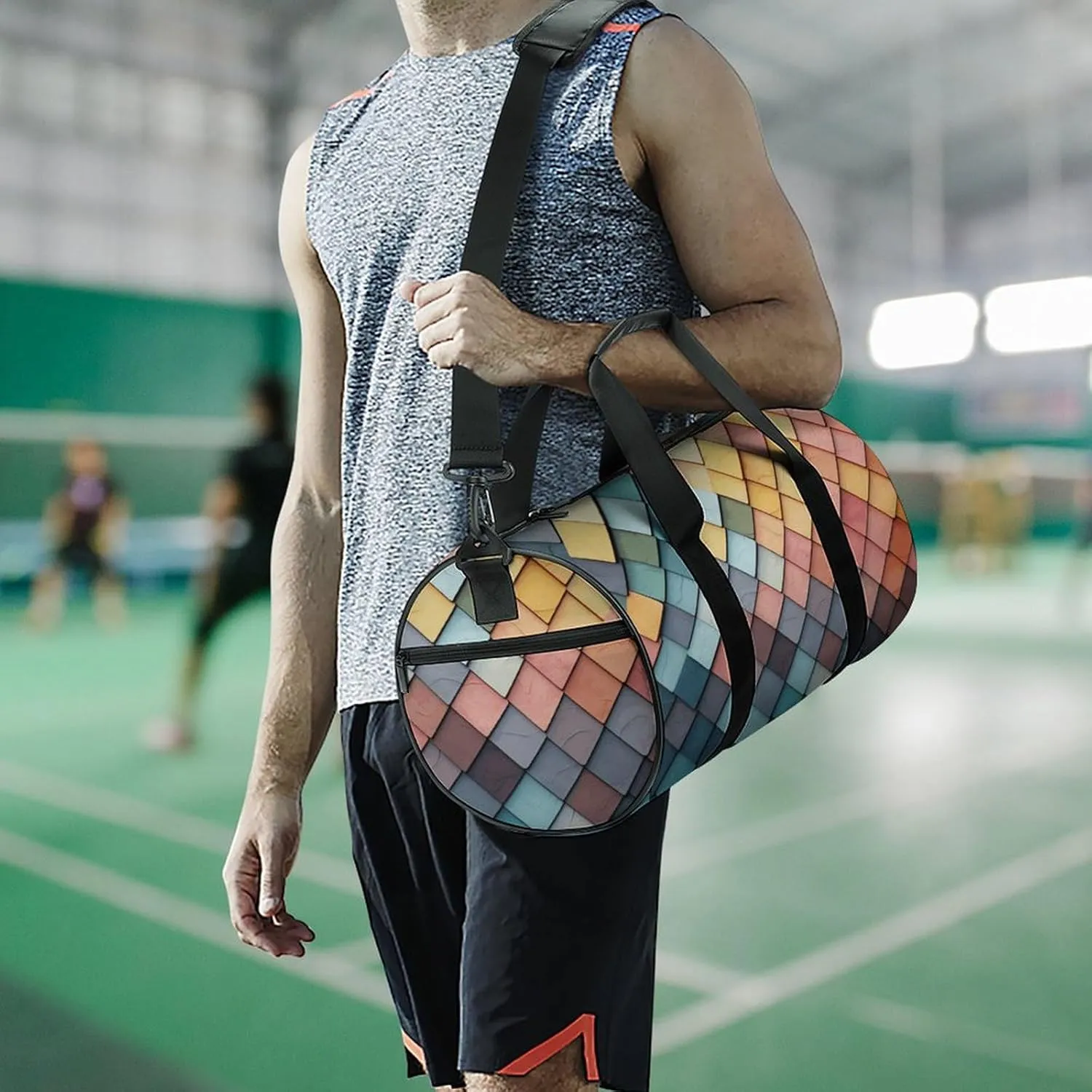 Gym Bags for Men Women Colorful Tiles Texture Pattern Duffle Bag Travel Overnight Bag with Shoe Compartment Tote Bags