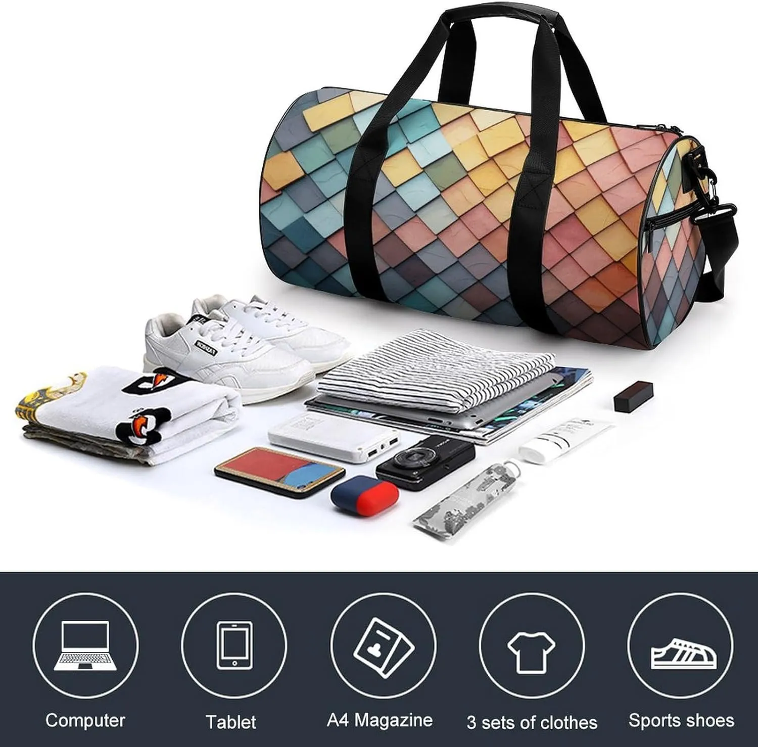 Gym Bags for Men Women Colorful Tiles Texture Pattern Duffle Bag Travel Overnight Bag with Shoe Compartment Tote Bags
