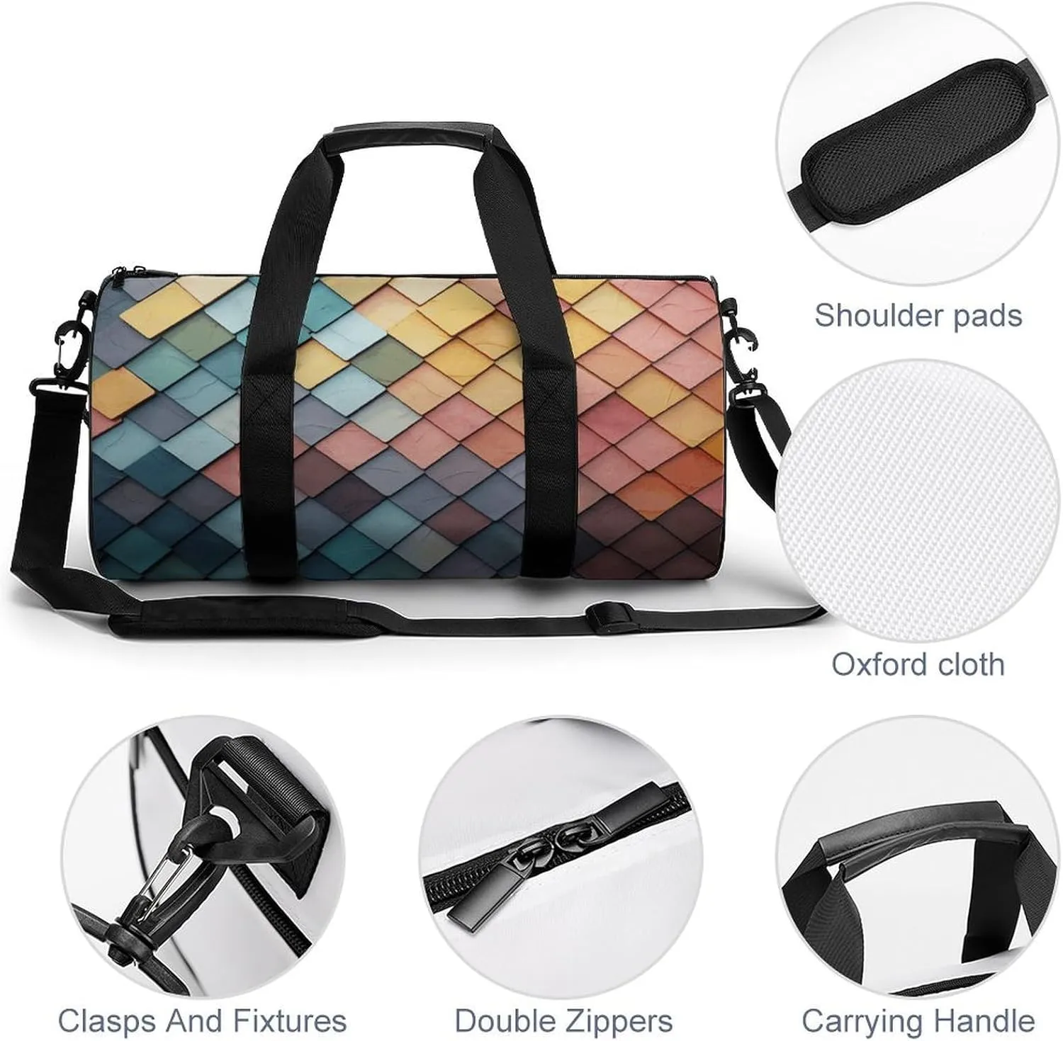 Gym Bags for Men Women Colorful Tiles Texture Pattern Duffle Bag Travel Overnight Bag with Shoe Compartment Tote Bags