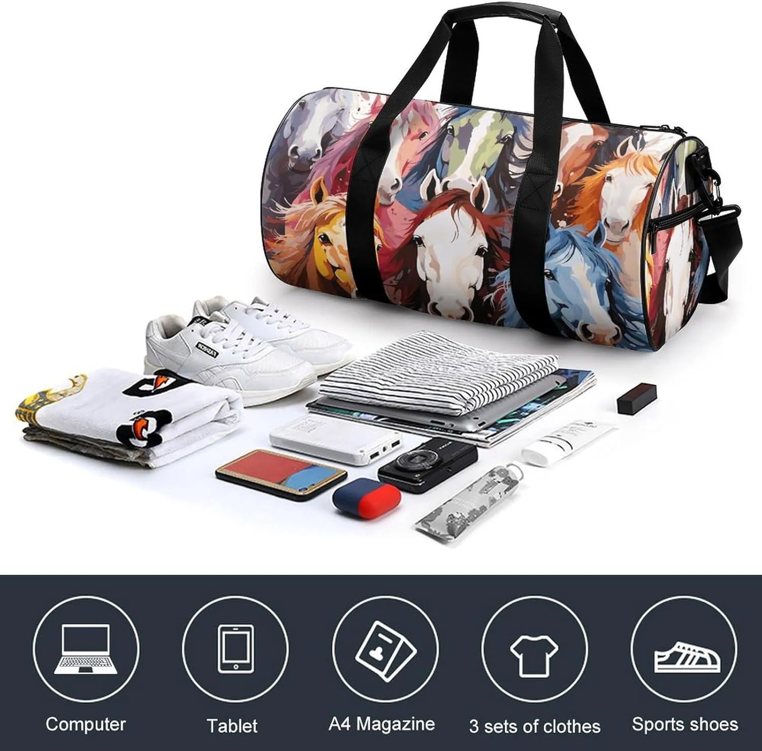 Gym Bags for Men Women Colourful Cartoon Horses Duffle Bag Travel Overnight Bag with Shoe Compartment Tote Bags