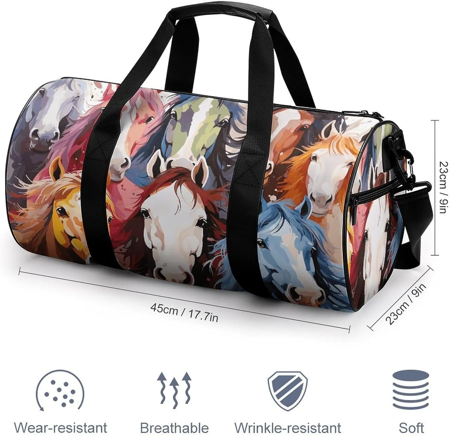 Gym Bags for Men Women Colourful Cartoon Horses Duffle Bag Travel Overnight Bag with Shoe Compartment Tote Bags