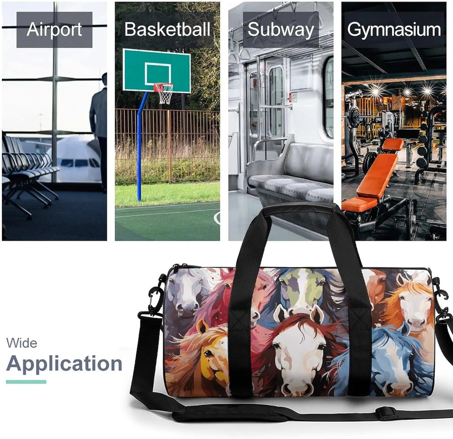 Gym Bags for Men Women Colourful Cartoon Horses Duffle Bag Travel Overnight Bag with Shoe Compartment Tote Bags