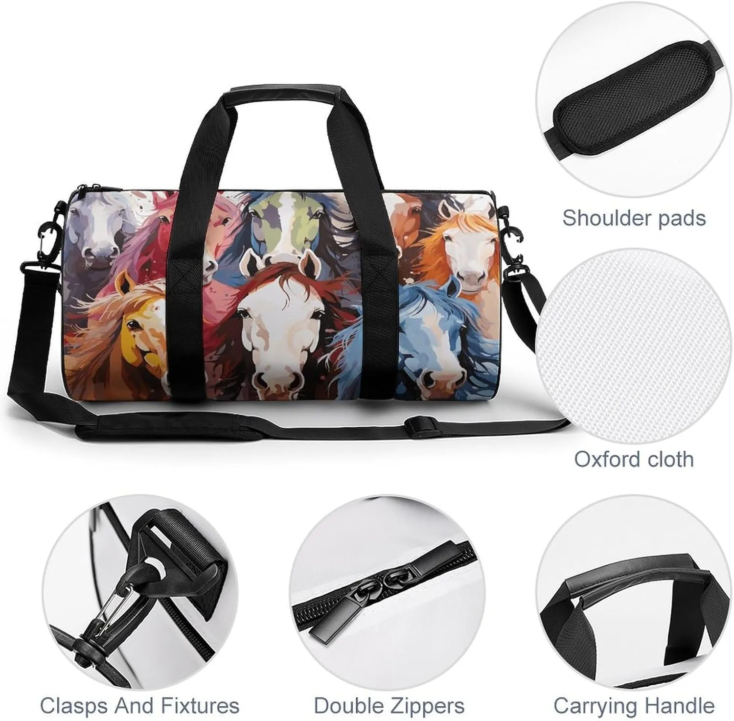 Gym Bags for Men Women Colourful Cartoon Horses Duffle Bag Travel Overnight Bag with Shoe Compartment Tote Bags