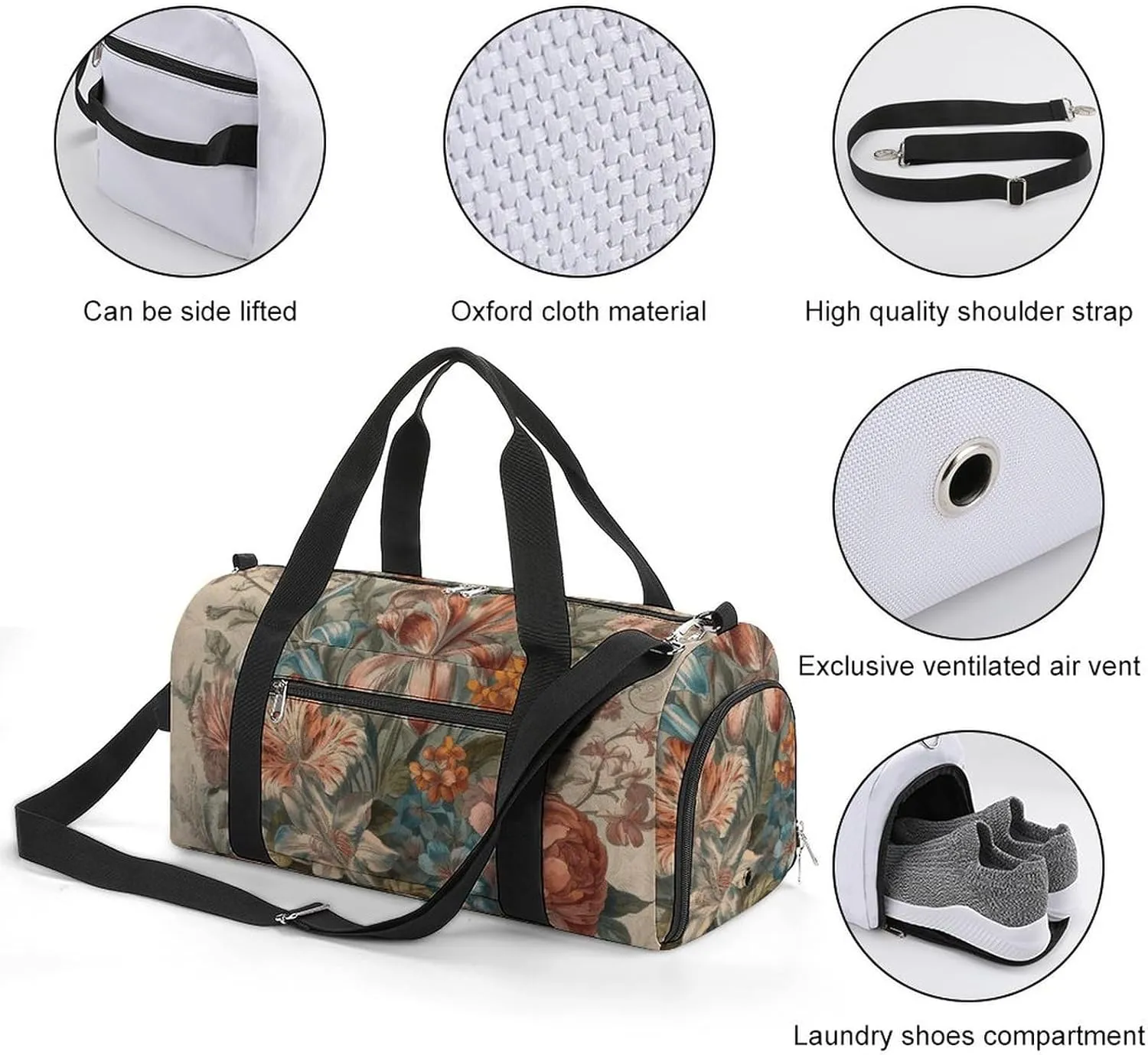 Gym Bags for Men Women Decorative Flowers Duffle Bag Travel Overnight Bag with Shoe Compartment Tote Bags