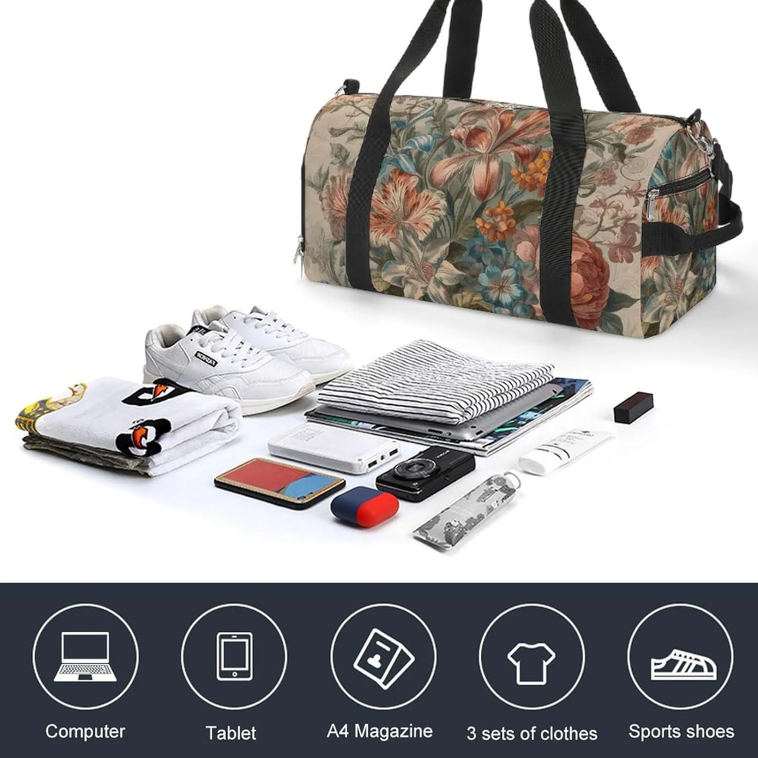 Gym Bags for Men Women Decorative Flowers Duffle Bag Travel Overnight Bag with Shoe Compartment Tote Bags