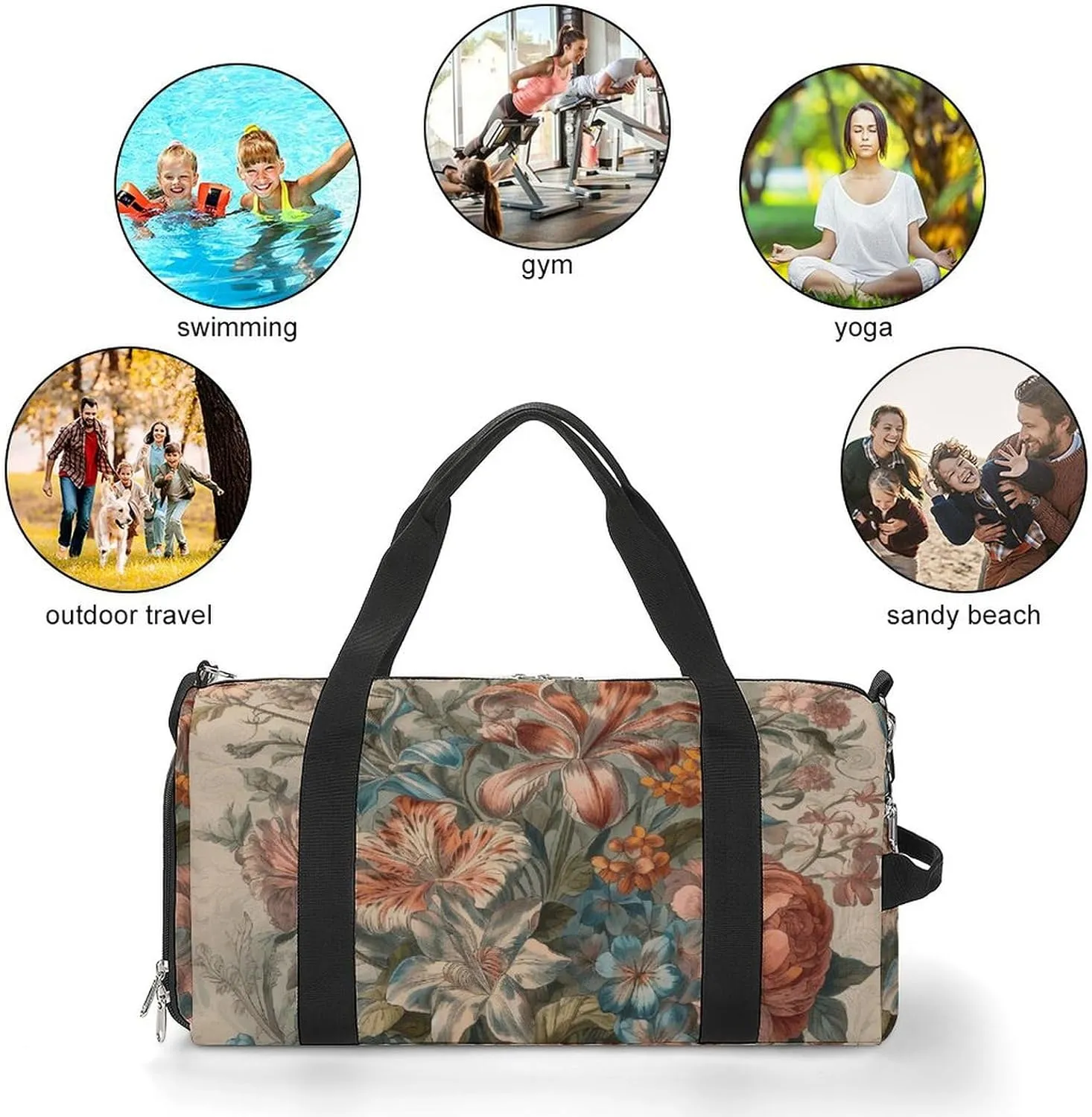 Gym Bags for Men Women Decorative Flowers Duffle Bag Travel Overnight Bag with Shoe Compartment Tote Bags