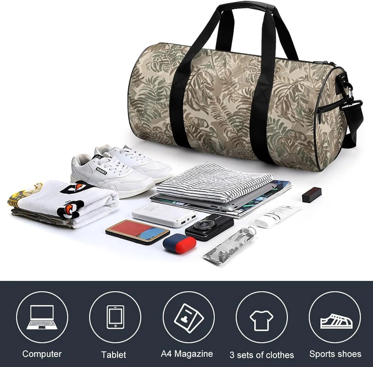 Gym Bags for Men Women Fern Pattern Duffle Bag Travel Overnight Bag with Shoe Compartment Tote Bags