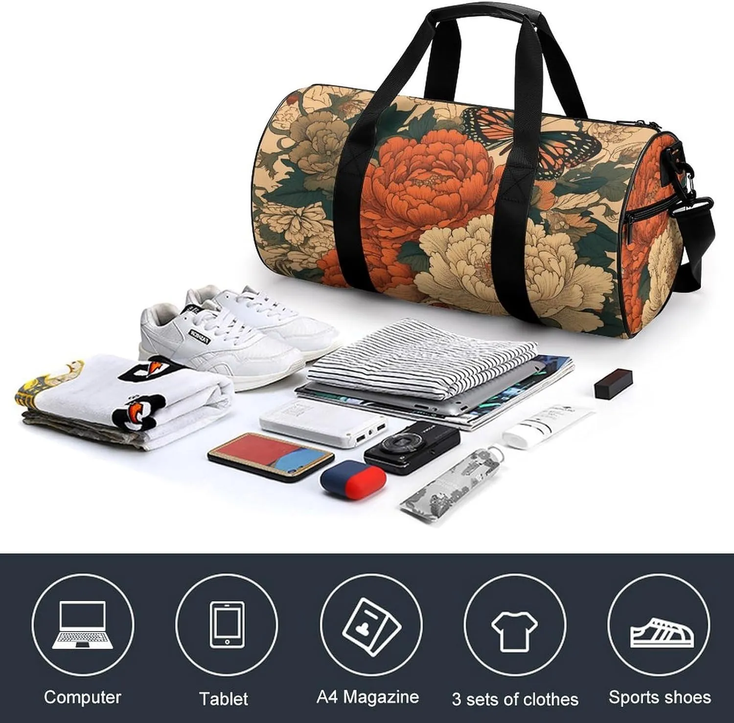 Gym Bags for Men Women Flowers And Butterflies Duffle Bag Travel Overnight Bag with Shoe Compartment Tote Bags