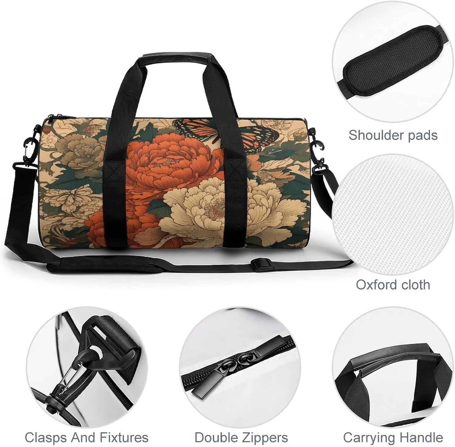Gym Bags for Men Women Flowers And Butterflies Duffle Bag Travel Overnight Bag with Shoe Compartment Tote Bags