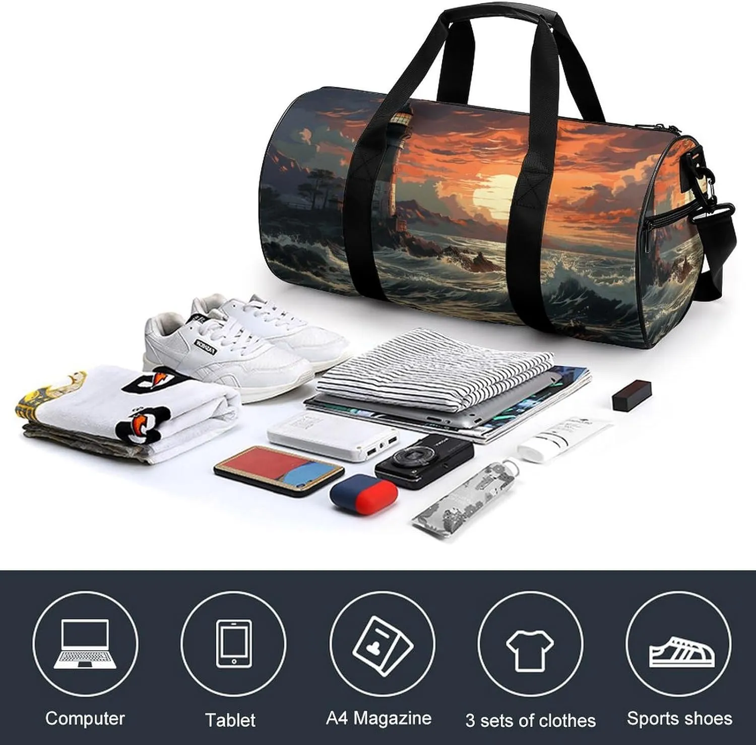 Gym Bags for Men Women Lighthouse Duffle Bag Travel Overnight Bag with Shoe Compartment Tote Bags