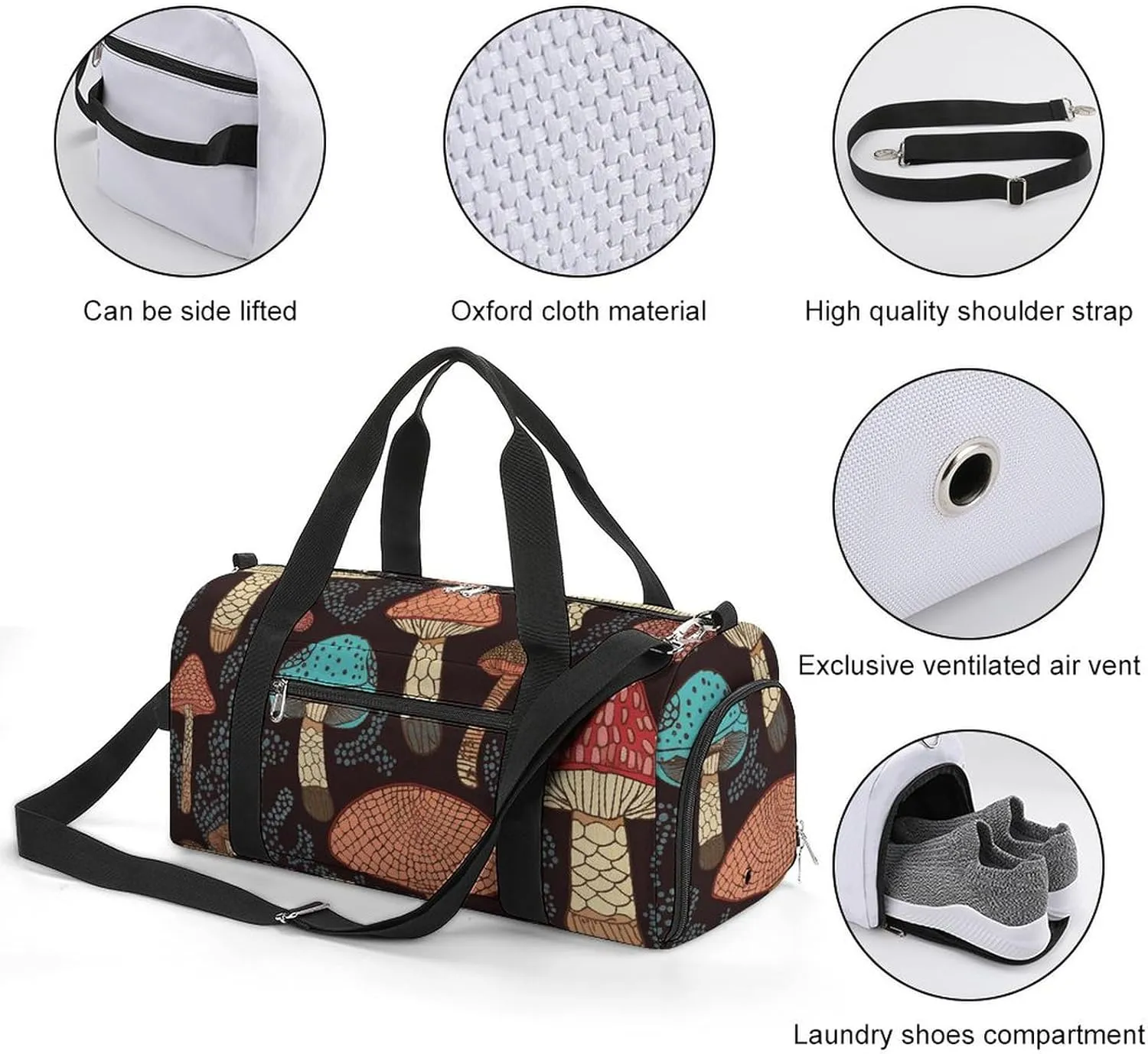 Gym Bags for Men Women Mushroom Duffle Bag Travel Overnight Bag with Shoe Compartment Tote Bags