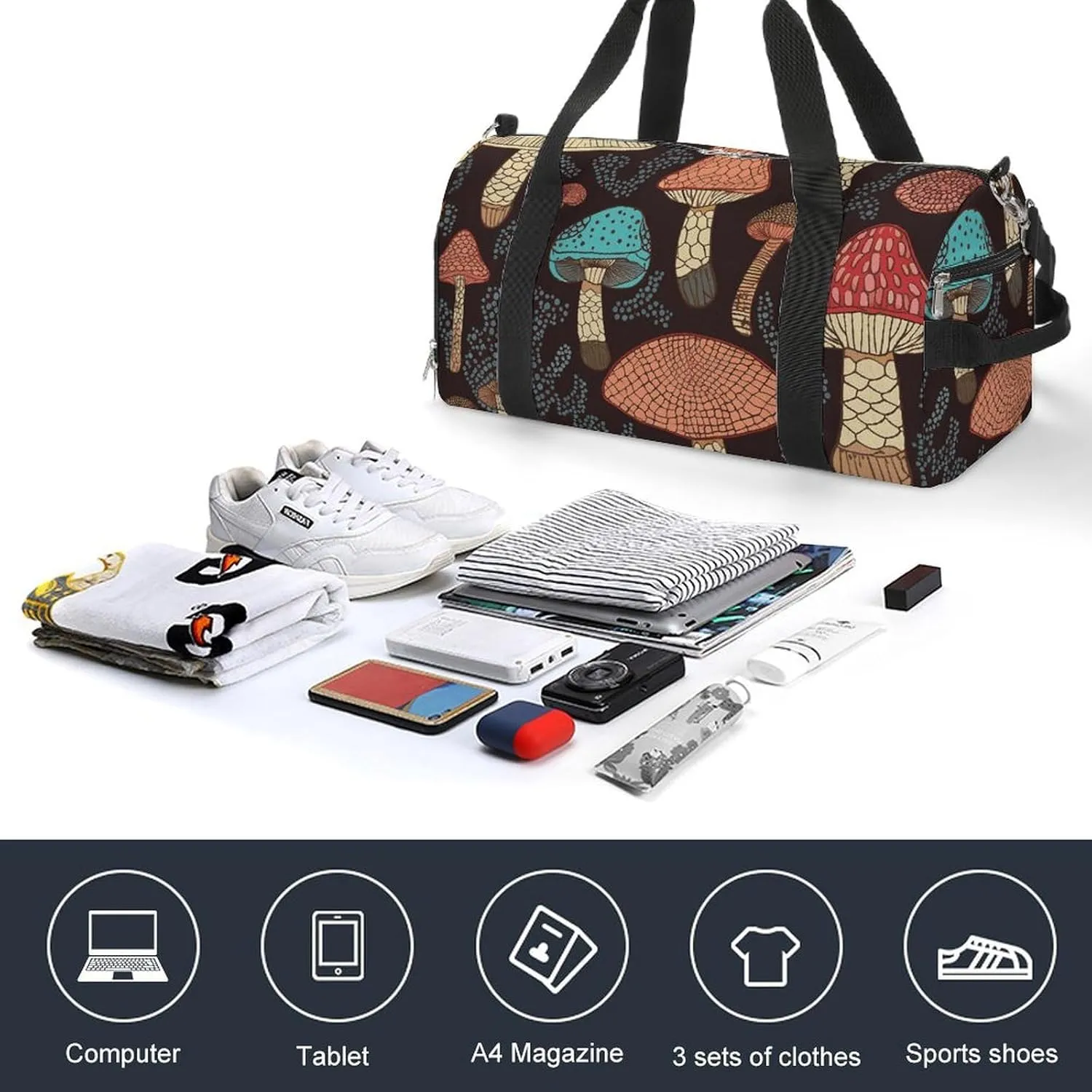 Gym Bags for Men Women Mushroom Duffle Bag Travel Overnight Bag with Shoe Compartment Tote Bags