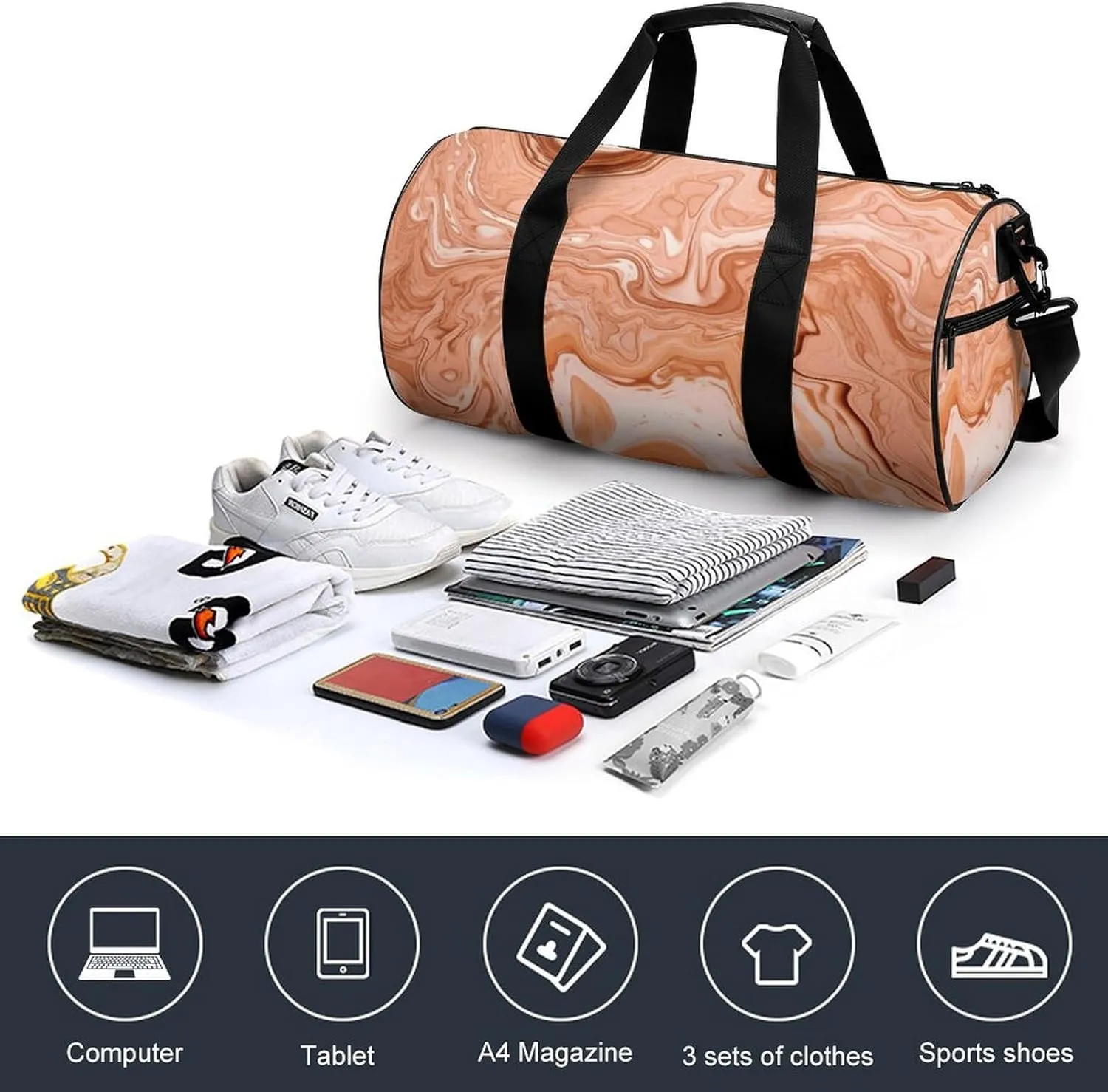 Gym Bags for Men Women Orange Fluid Lines Duffle Bag Travel Overnight Bag with Shoe Compartment Tote Bags