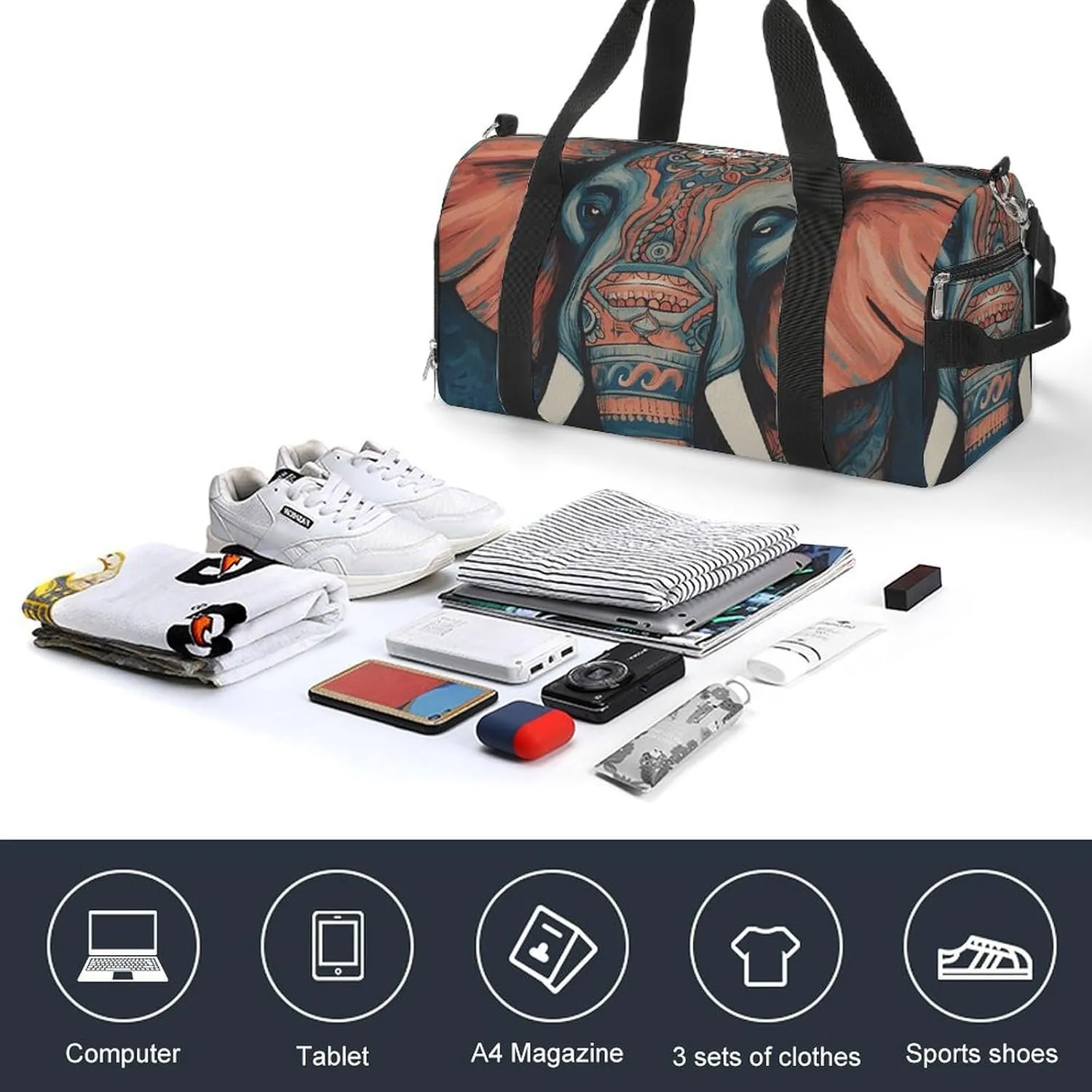 Gym Bags Small Abstract Elephant Duffel Bag Overnight Bag with Shoe Compartment Carryon Bag for Men Women