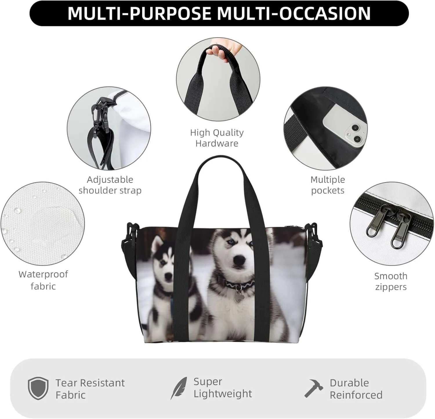 Gym Bags Small Adorable Huskies Duffel Bag Overnight Bag with Shoe Compartment Carryon Bag for Men Women