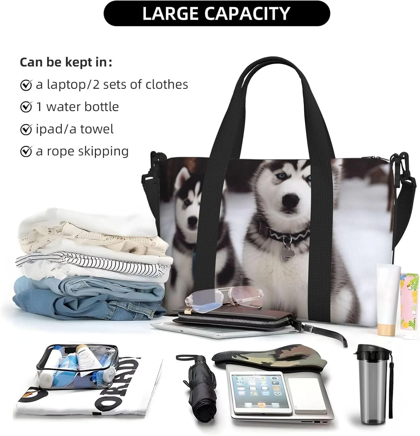 Gym Bags Small Adorable Huskies Duffel Bag Overnight Bag with Shoe Compartment Carryon Bag for Men Women