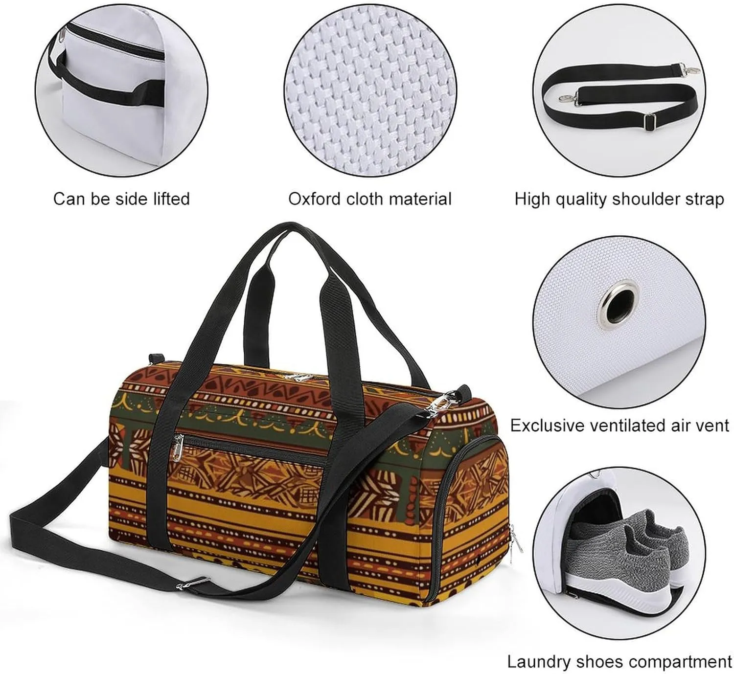 Gym Bags Small African National Patterns Duffel Bag Overnight Bag with Shoe Compartment Carryon Bag for Men Women