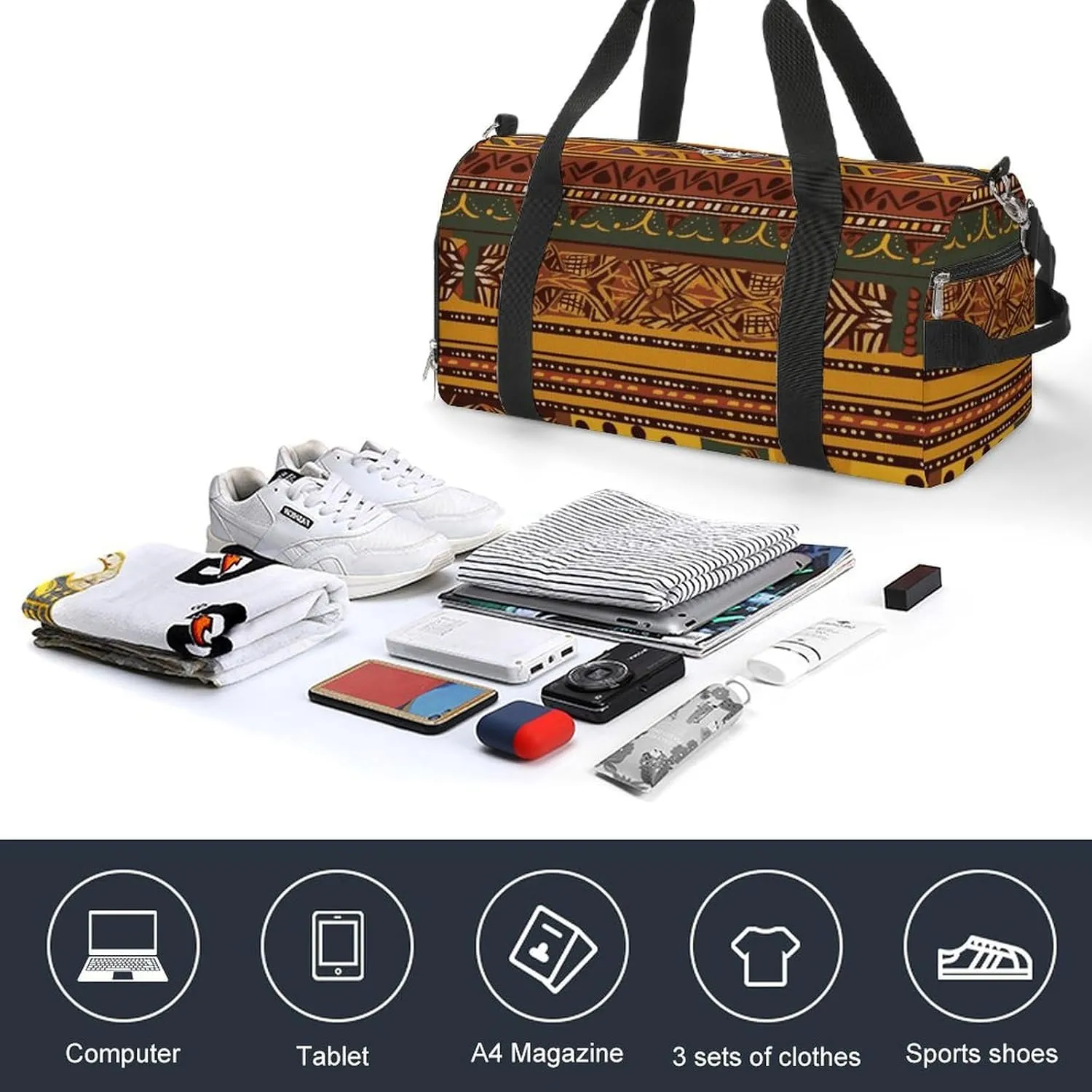 Gym Bags Small African National Patterns Duffel Bag Overnight Bag with Shoe Compartment Carryon Bag for Men Women