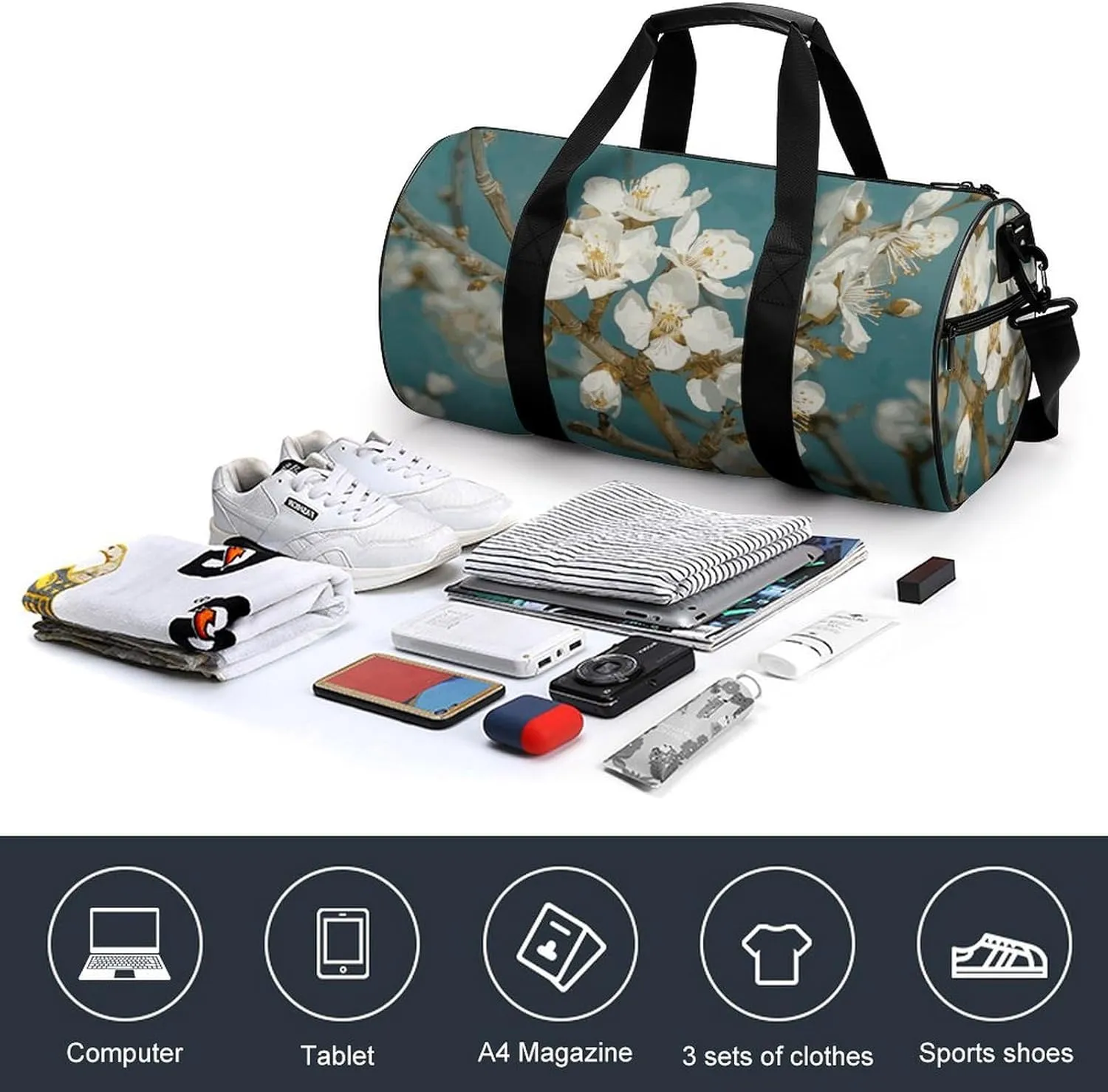 Gym Bags Small Almond Blossom Duffel Bag Overnight Bag with Shoe Compartment Carryon Bag for Men Women