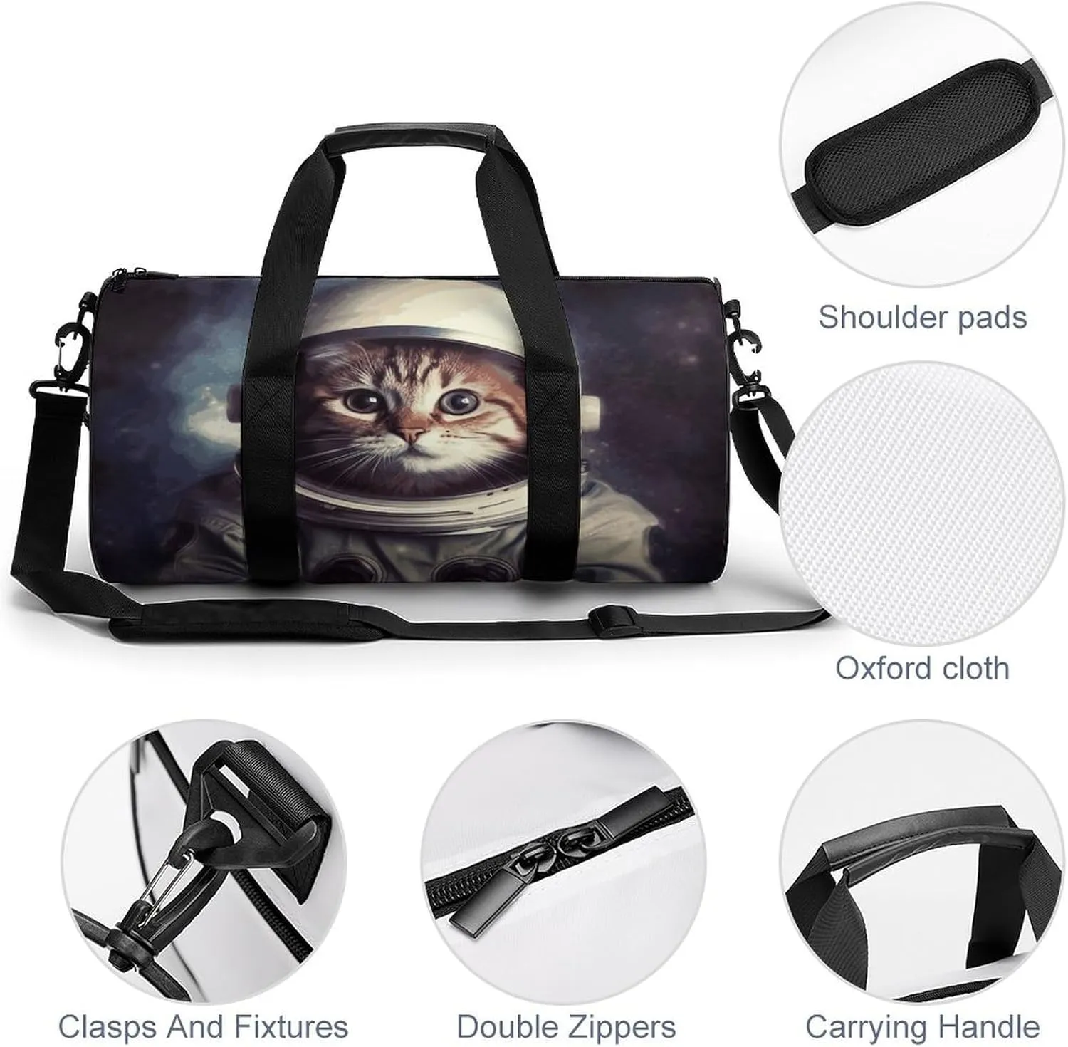 Gym Bags Small Animal Cat Astronaut Duffel Bag Overnight Bag with Shoe Compartment Carryon Bag for Men Women