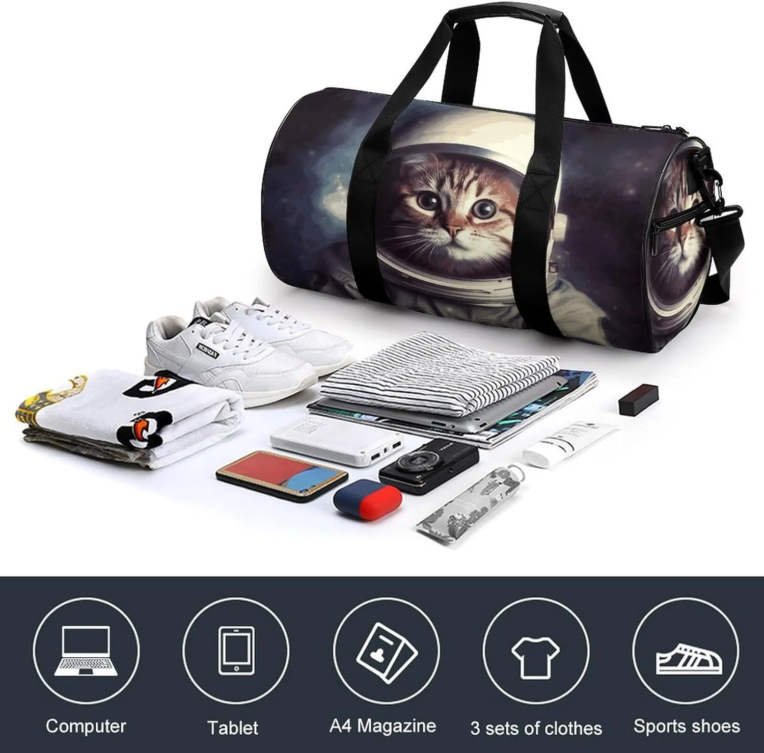 Gym Bags Small Animal Cat Astronaut Duffel Bag Overnight Bag with Shoe Compartment Carryon Bag for Men Women