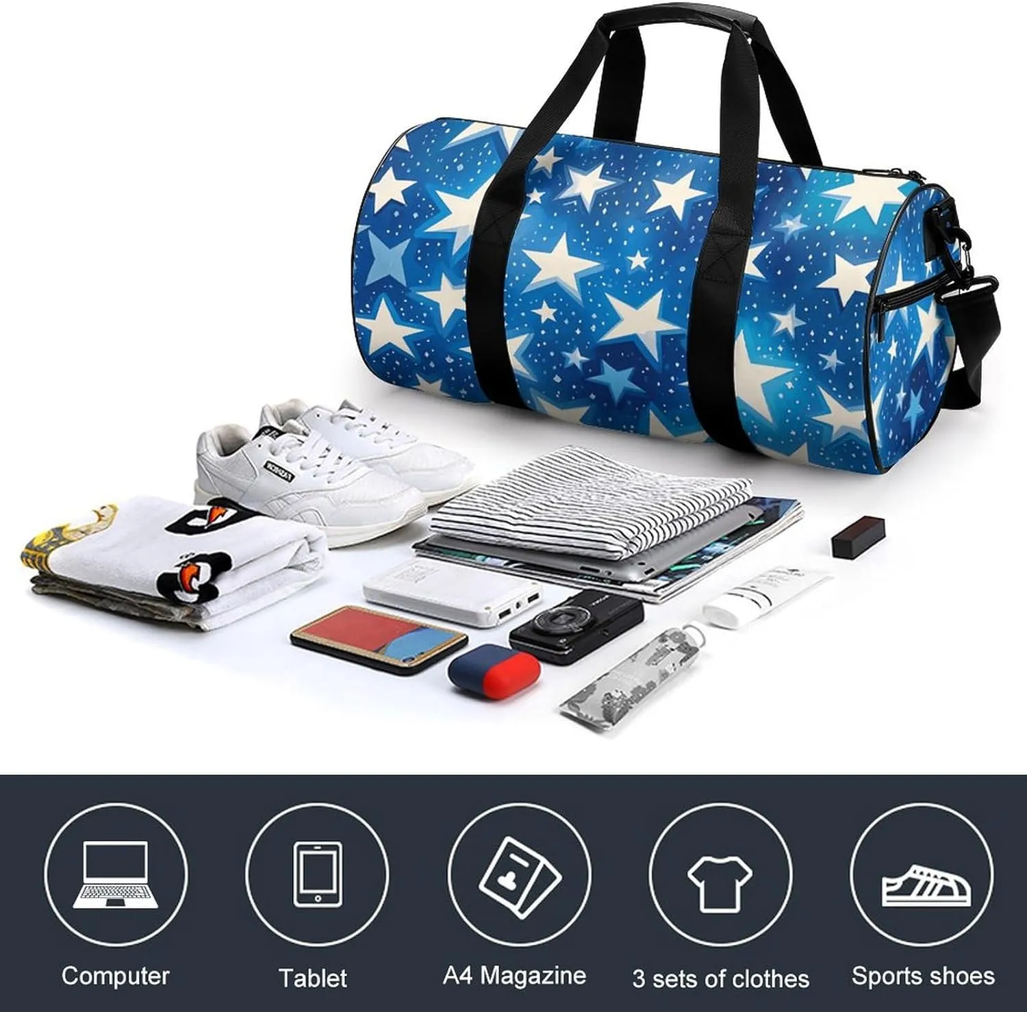 Gym Bags Small Blue Shining Stars Pattern Duffel Bag Overnight Bag with Shoe Compartment Carryon Bag for Men Women