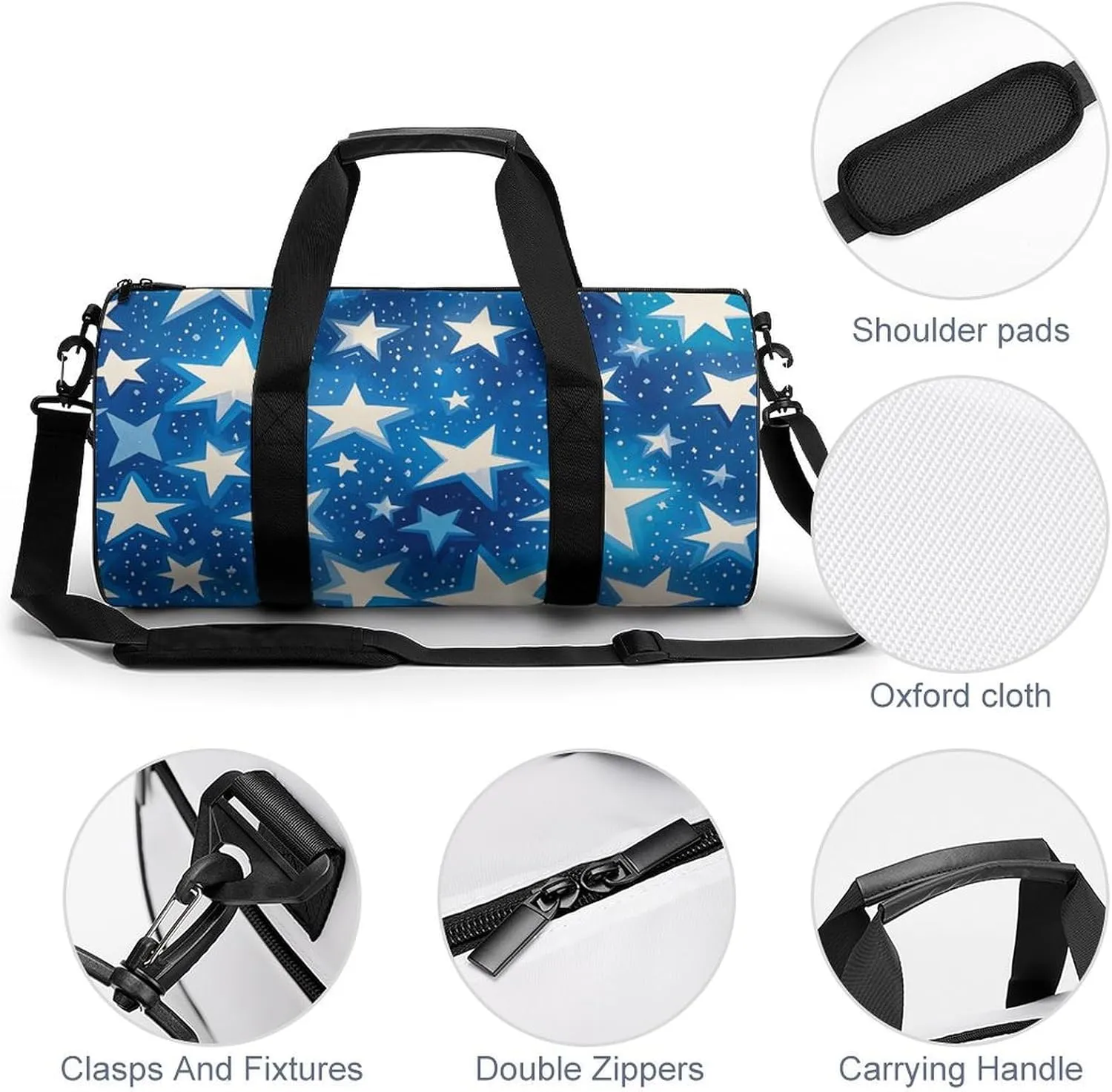 Gym Bags Small Blue Shining Stars Pattern Duffel Bag Overnight Bag with Shoe Compartment Carryon Bag for Men Women
