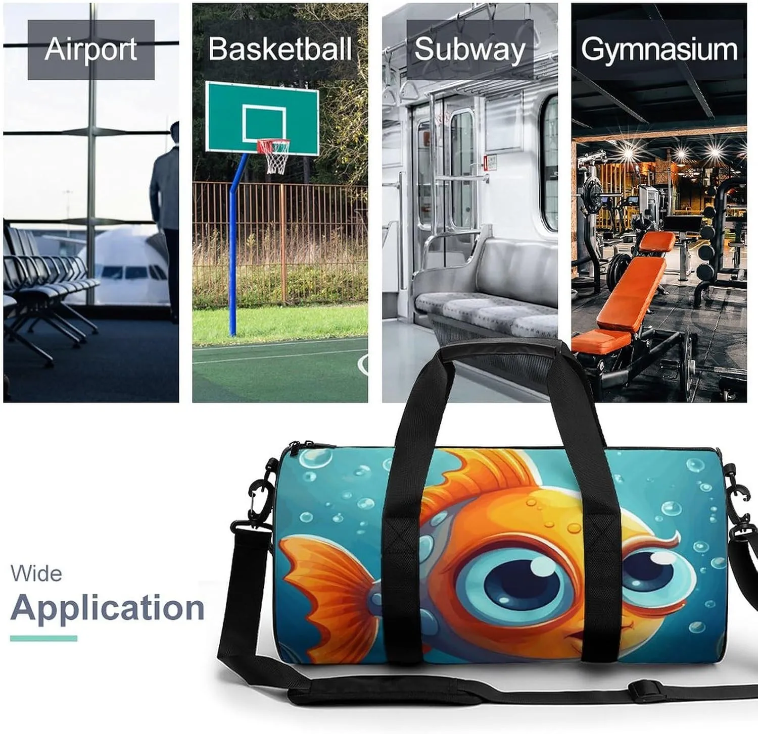 Gym Bags Small Cartoon Little Fish Duffel Bag Overnight Bag with Shoe Compartment Carryon Bag for Men Women