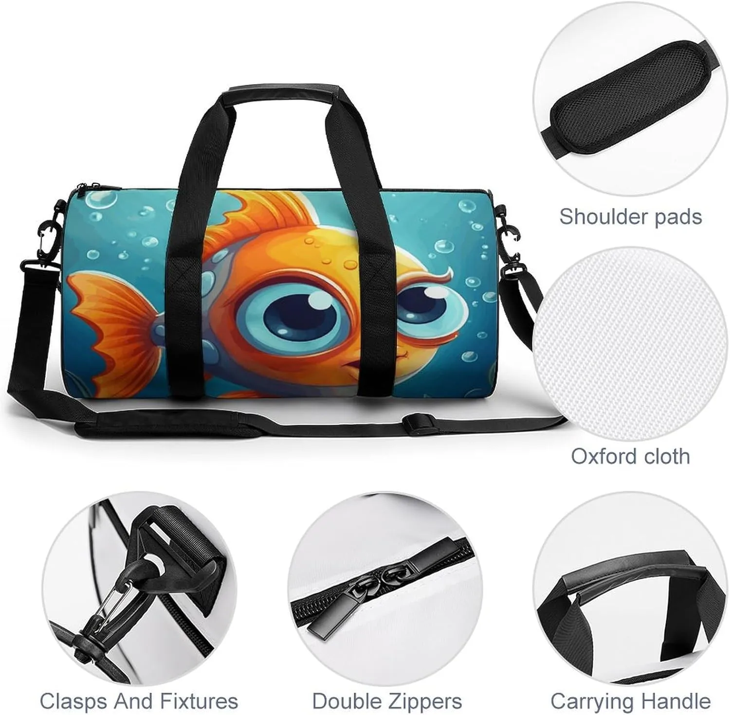Gym Bags Small Cartoon Little Fish Duffel Bag Overnight Bag with Shoe Compartment Carryon Bag for Men Women