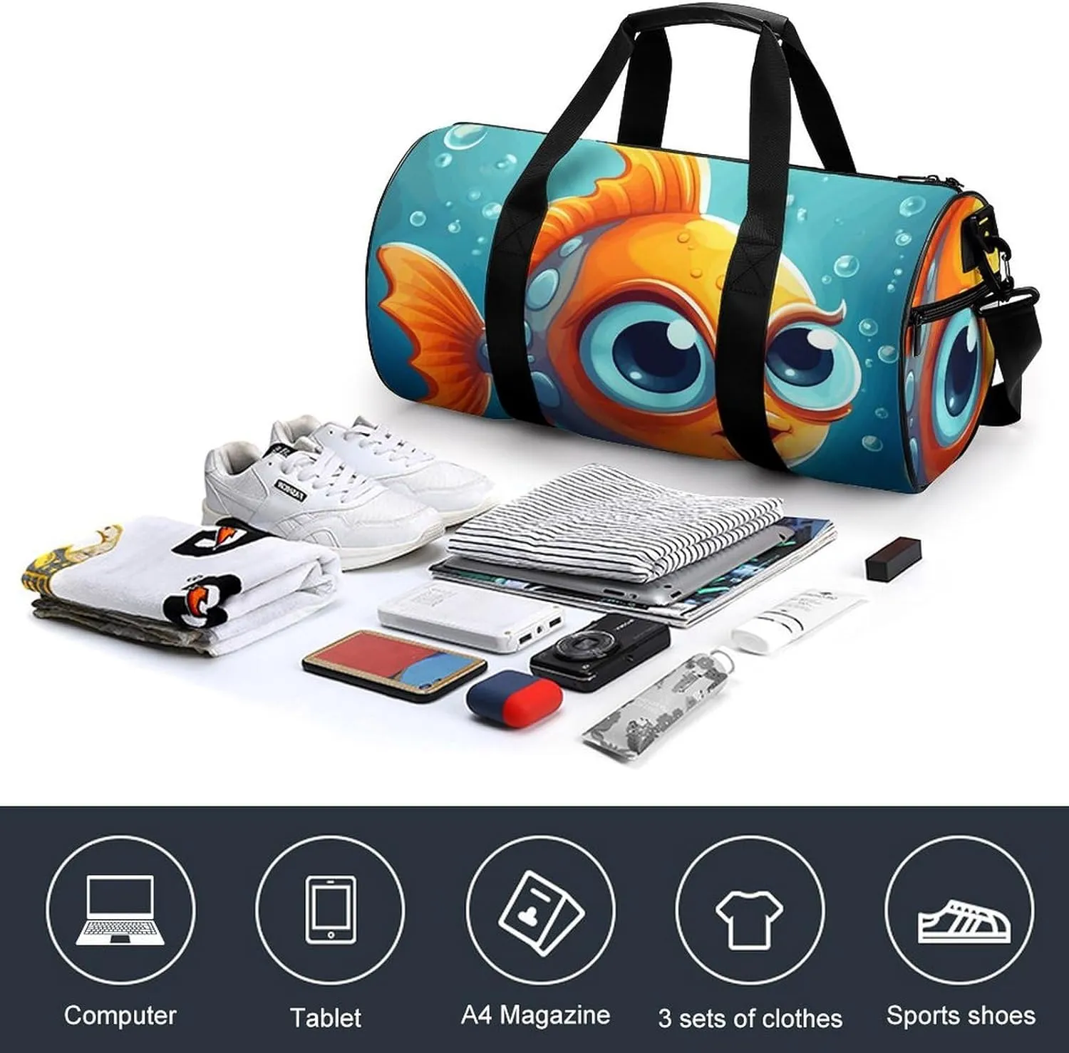 Gym Bags Small Cartoon Little Fish Duffel Bag Overnight Bag with Shoe Compartment Carryon Bag for Men Women