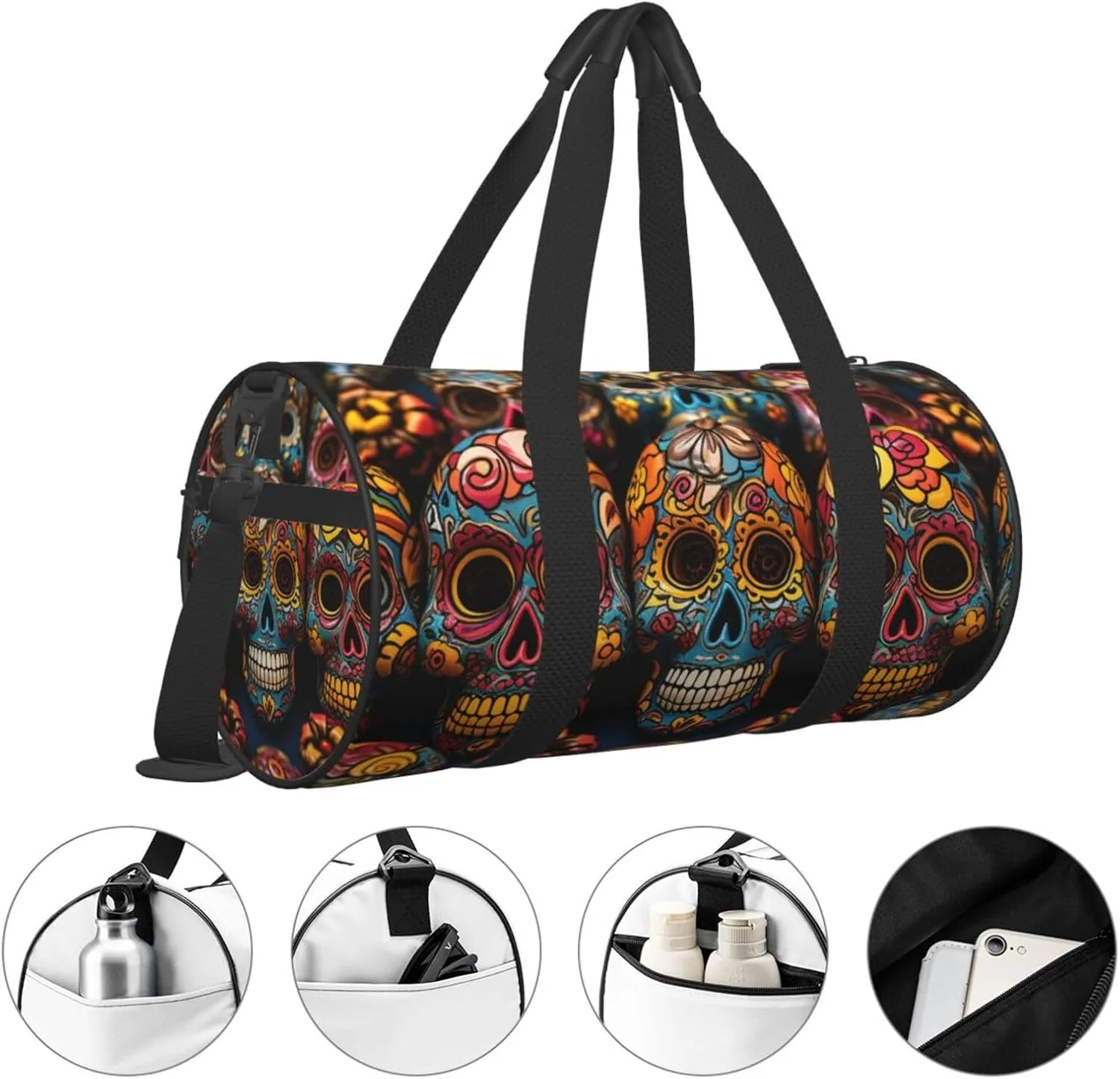 Gym Bags Small Colorful Sugar Skulls Duffel Bag Overnight Bag with Shoe Compartment Carryon Bag for Men Women