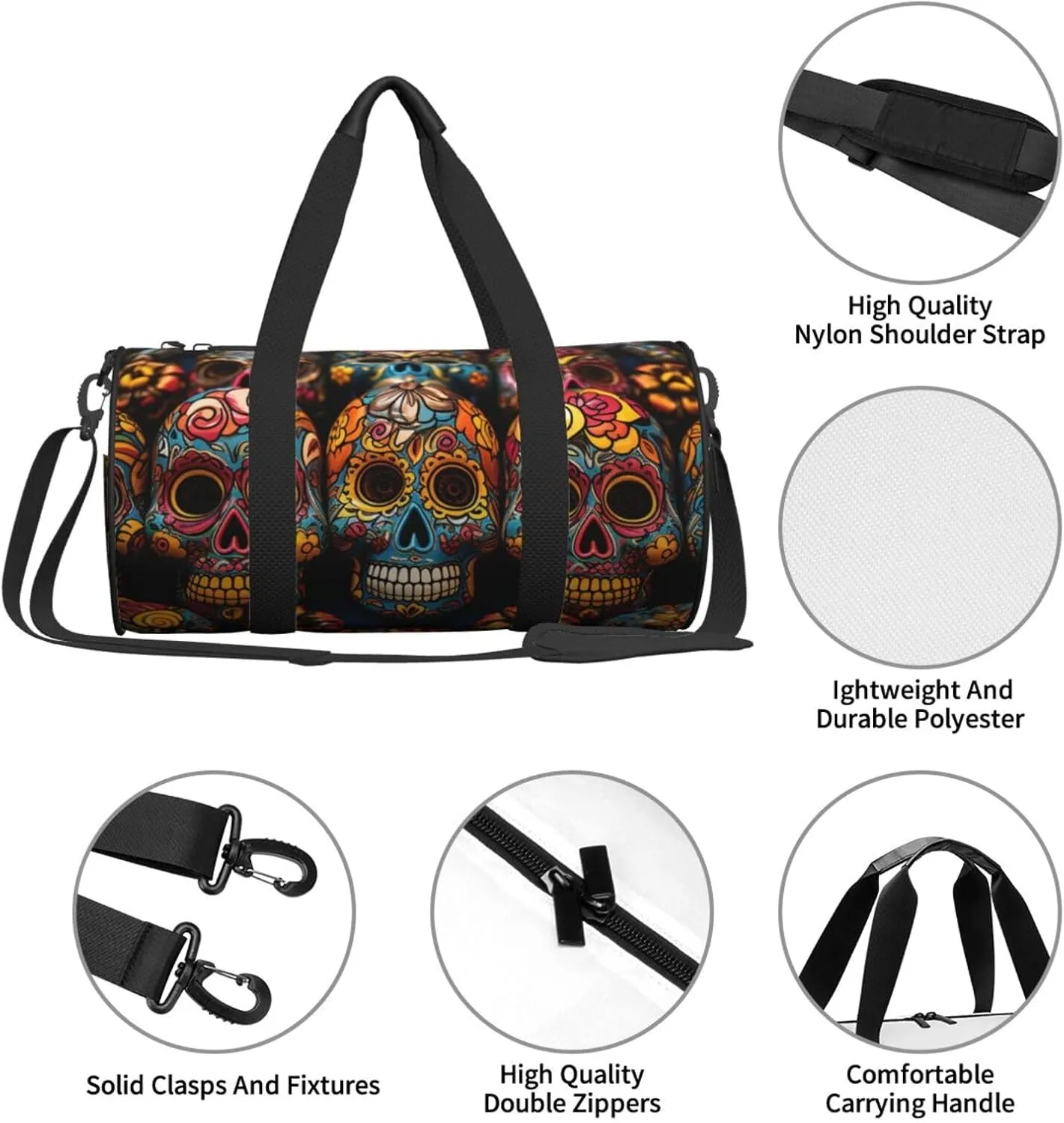 Gym Bags Small Colorful Sugar Skulls Duffel Bag Overnight Bag with Shoe Compartment Carryon Bag for Men Women